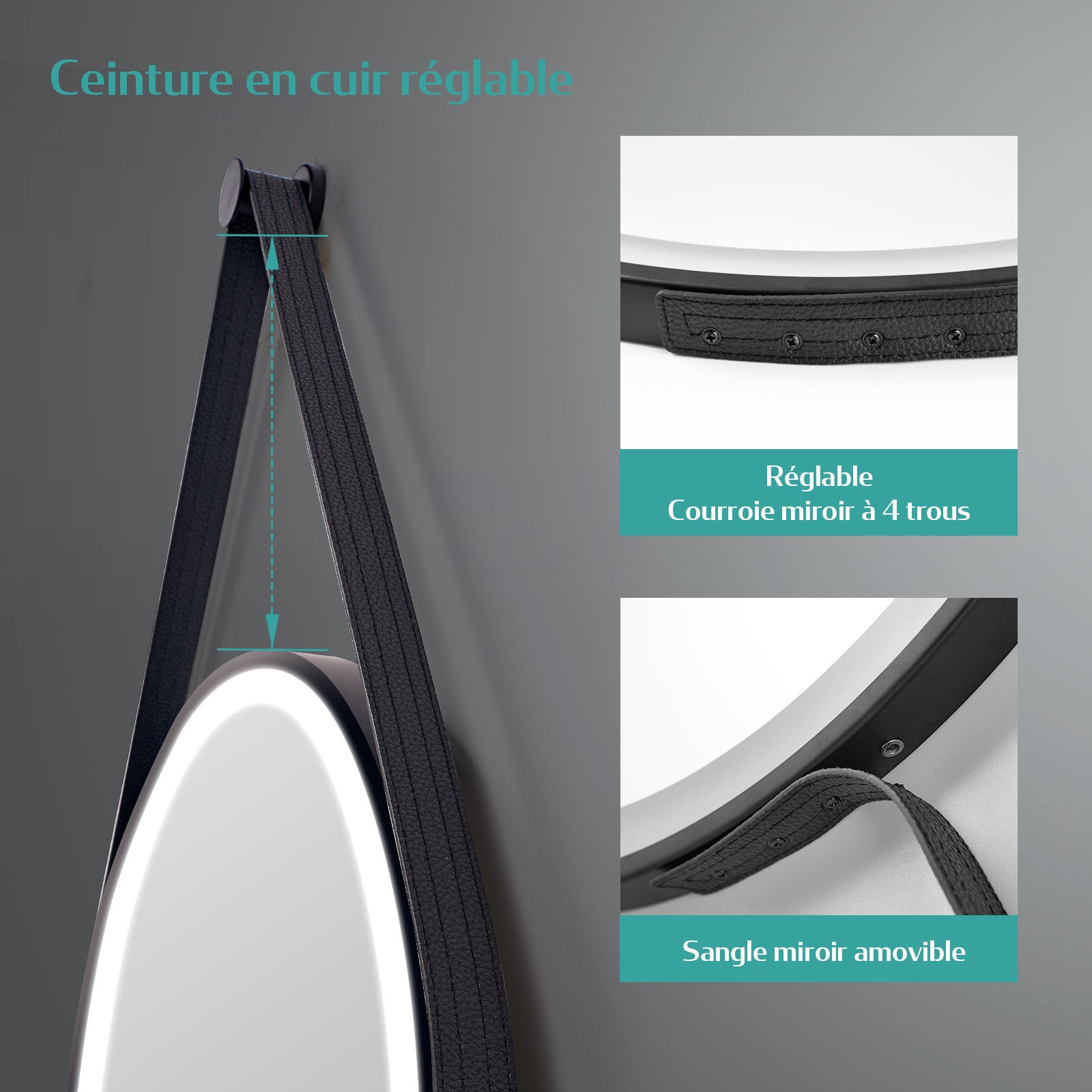 EMKE Miroir lumineux salle de bain rond diamètre 50cm cadre noir, Sangle réglable, Miroir LED, Interrupteur Tactile, Anti-buée, 3 couleurs Lumières - 2