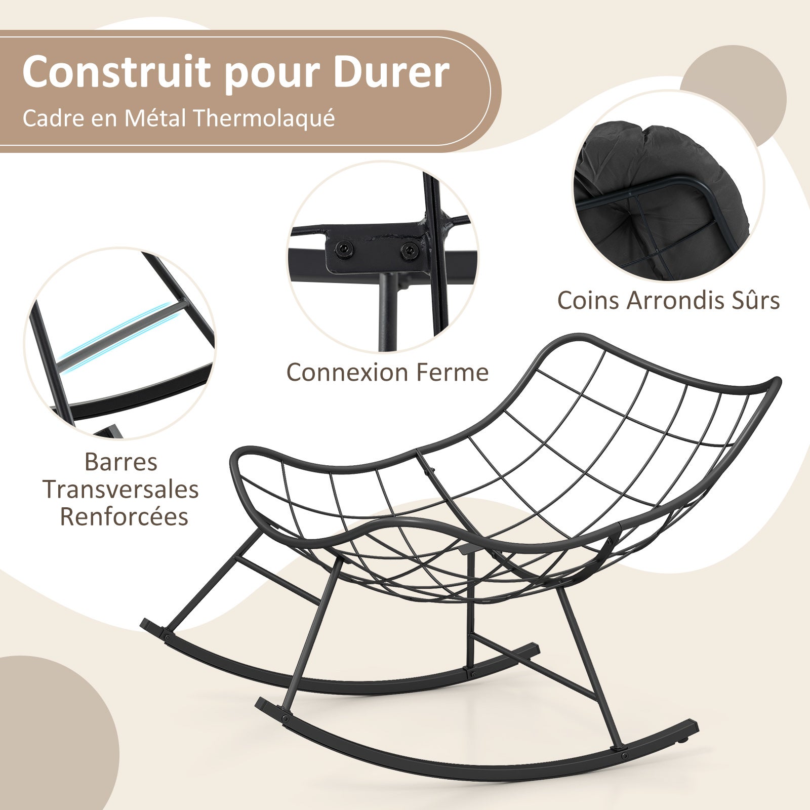 Fauteuil à Bascule Intérieur et Extérieur, Chaise Papasan Forme oeuf Surdimensionnée avec Coussin Rembourré, Charge 205KG, Noir Anthracite - 7