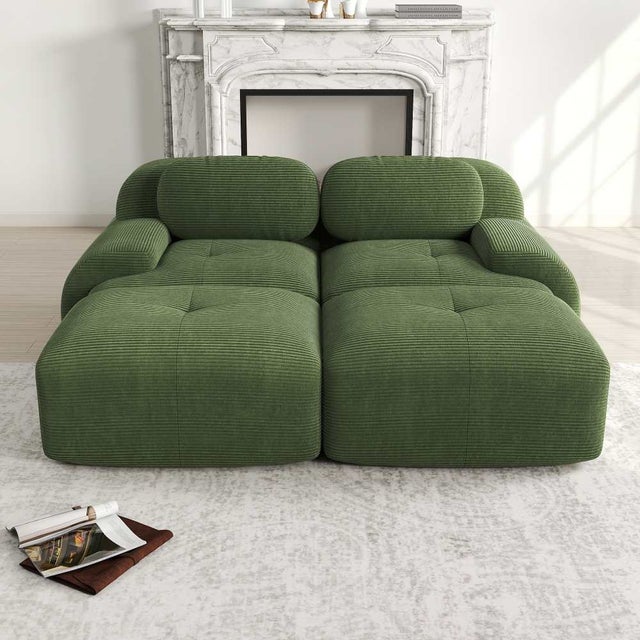Set jardin 4-5 places, canapé d'angle + 2 places, table verre trempé, fer galvanisé vert, coussins 10 cm, pieds réglables