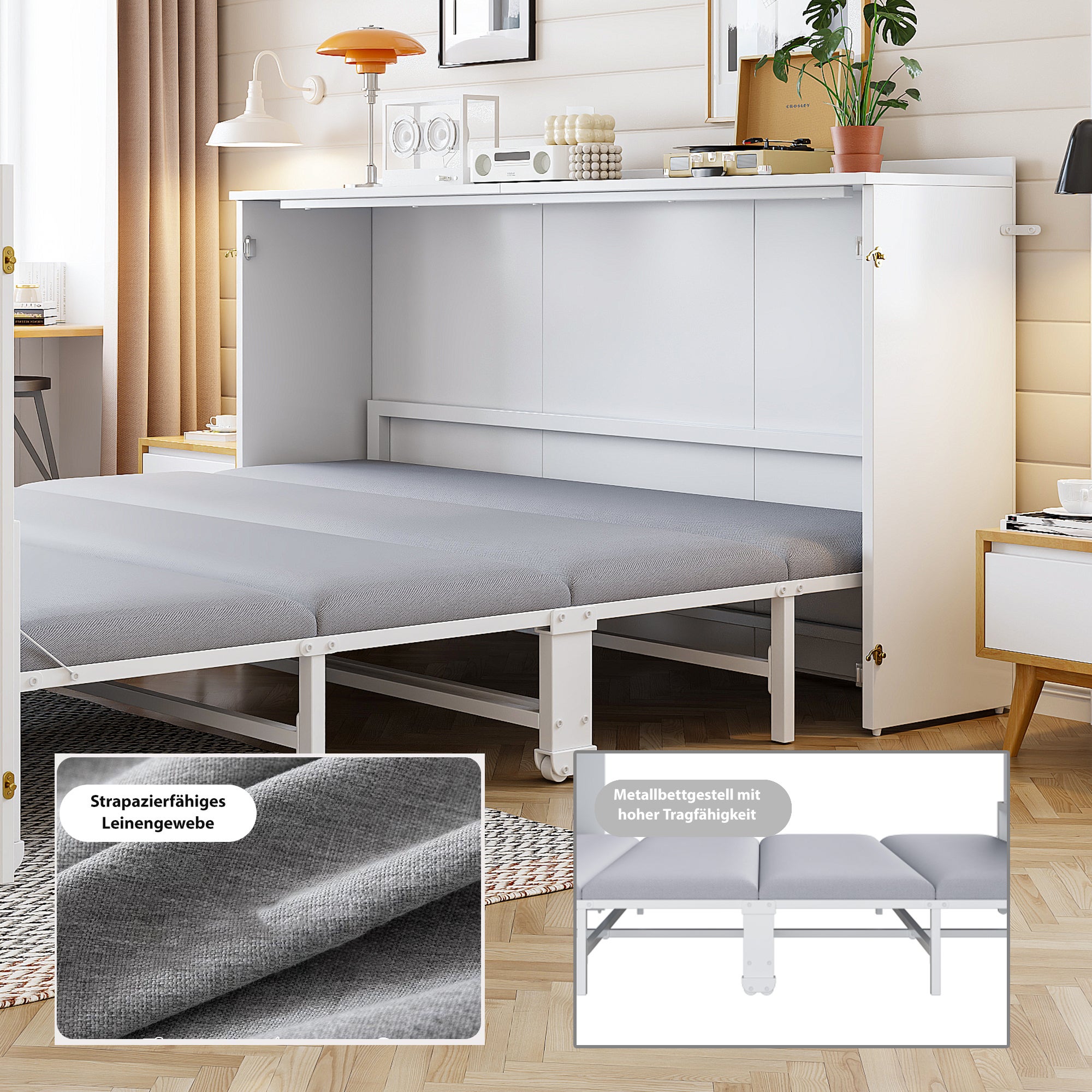 Łóżko chowane w ścianie 140 x 200 cm z materacem lnianym – Metal i drewno – Oszczędność miejsca dzięki składanemu systemowi z cichymi kółkami – Białe - 4