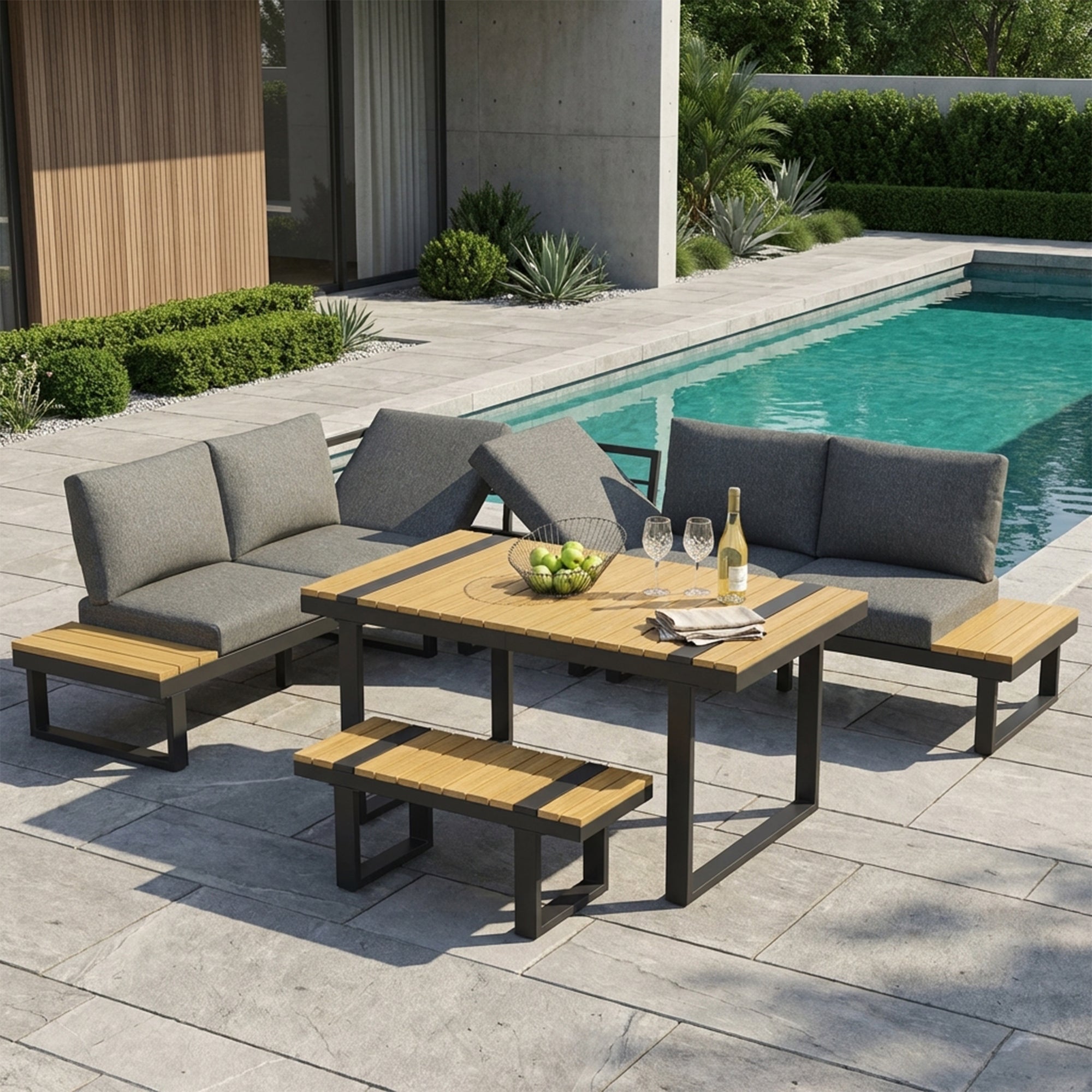 Salon de jardin d'angle 6 places en acier galvanisé : canapé d'angle + banc 2 places + table à manger + coussins polyester - Noir et Gris - 3