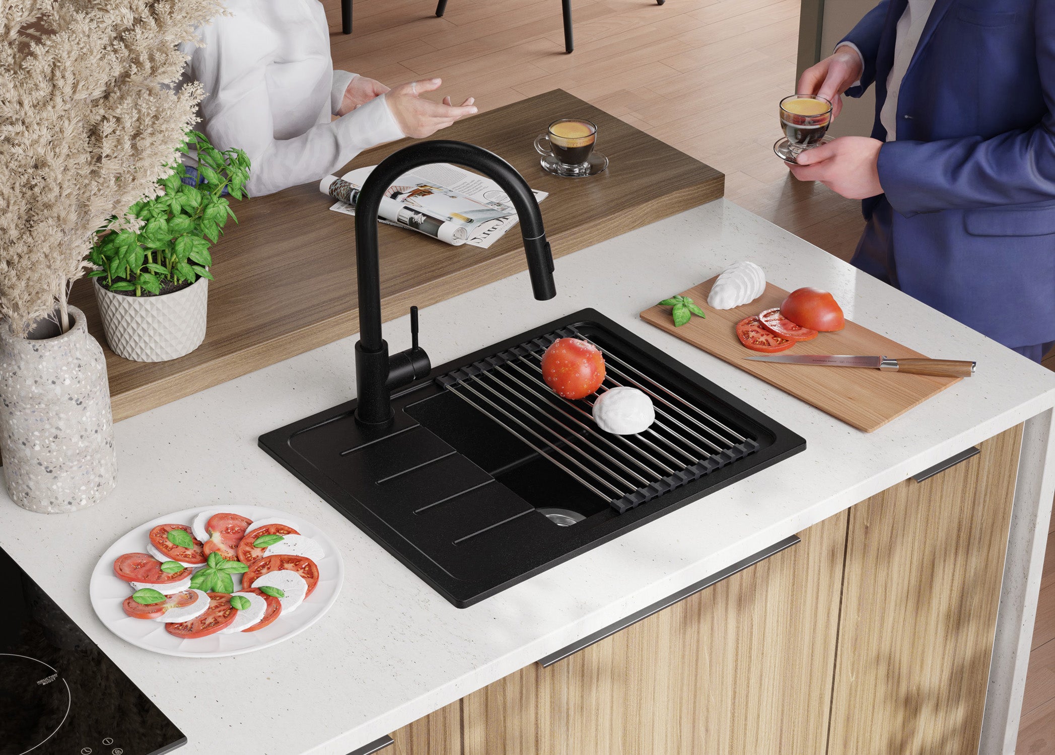 Lavandino da Cucina Nero 55x44cm, Lavello in Granito a 1 vasca + Sifone Classico + Accessori, Lavabo da Cucina Incasso al mobile 45cm PRIMAGRAN - 4