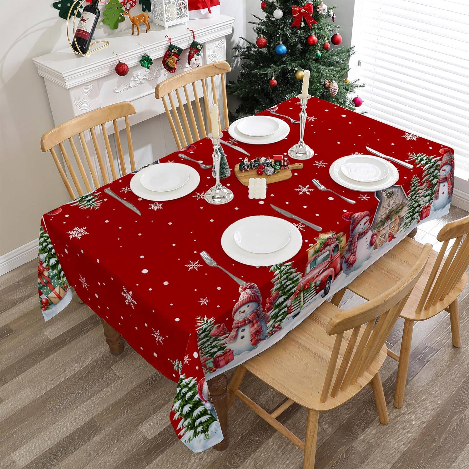 Tovaglia Natalizia In Plastica Impermeabile Con Fiocchi Di Neve Rossi - 137x274 Cm - Per Feste Invernali