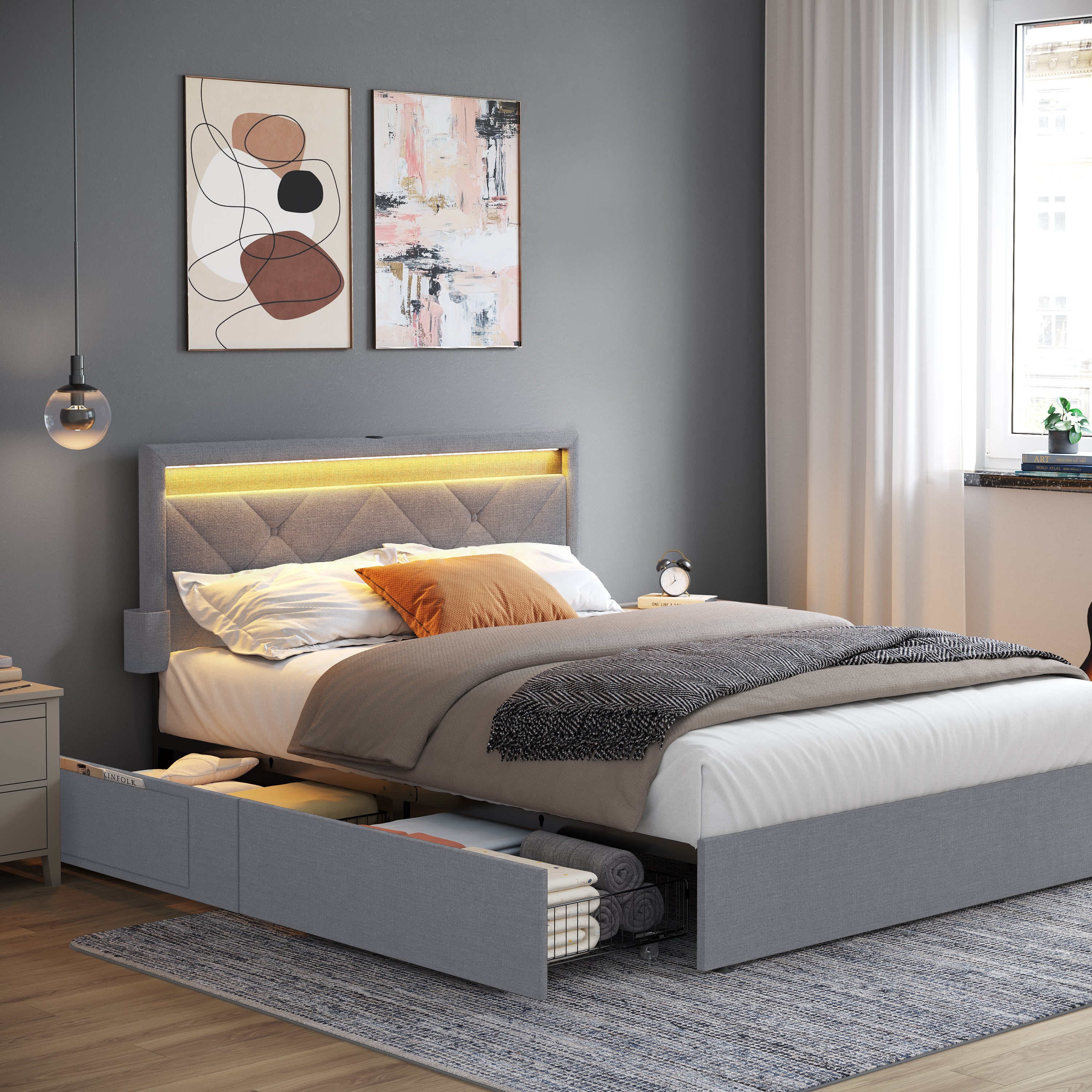 VASAGLE Lit Double, Cadre de Lit, Lit Coffre 140 x 190 cm, avec LED, Lit en Métal, 4 Tiroirs, Multiprise, Gris Clair et Noir Mat - 2