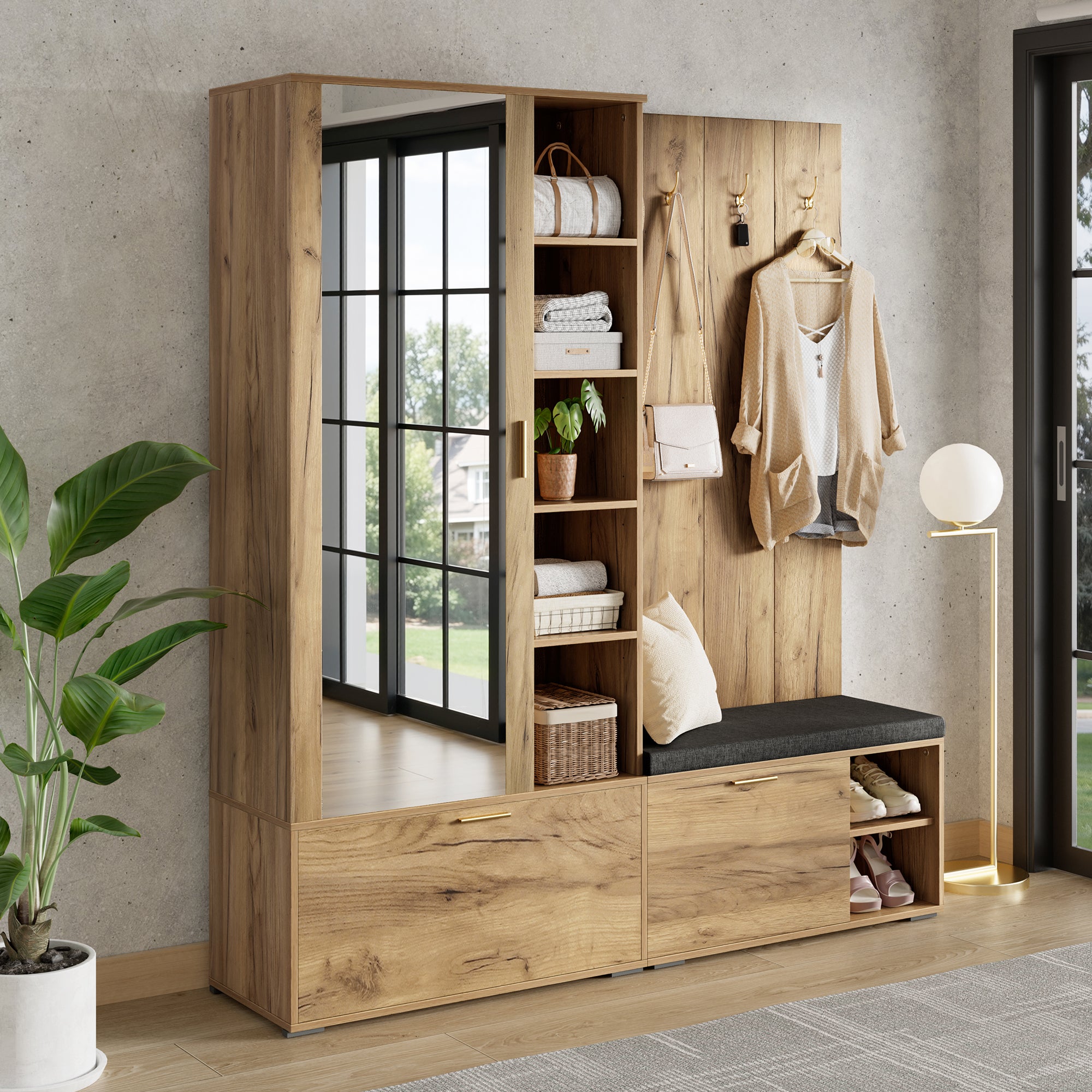 Set scarpiera con panca, specchio, 4 ganci, attaccapanni e 3 ante - 160 x 38 x 180 cm - Truciolare - Naturale - 6