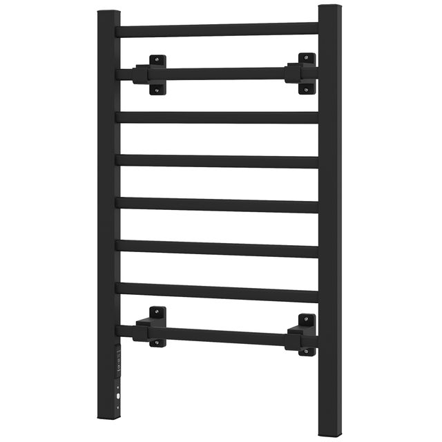 Toallero eléctrico negro de pie o pared, 8 barras de aleación de aluminio, temporizador 2/4h, 150W, calentamiento 50-60°C, 53x35x90 cm