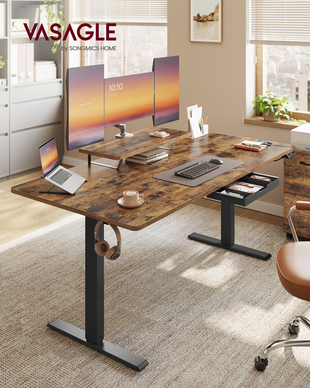 Bureau Électrique Réglable en Hauteur, 160 x 80 cm, Support d'Écran à Montage Flexible, Tiroir, Port USB-C, Rappel de Sédentarité,Marron Rustique - 2