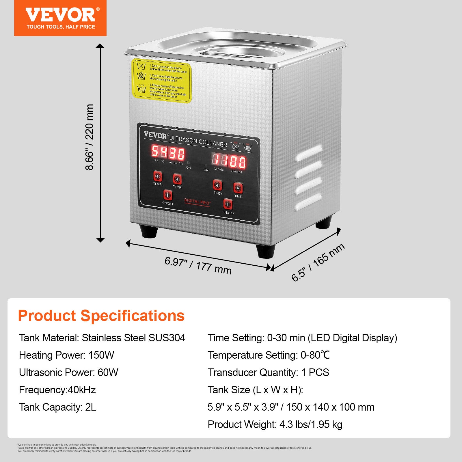 Nettoyeur à Ultrasons VEVOR 1.75L en Acier Inoxydable Bac Ultrasons Numérique avec Chauffage Temps et Température Réglables Appareil de Nettoyage - 7