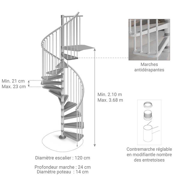 Escalier colimaçon métal 16 marches - Hauteur à franchir 3.36 à 3.68m - Diamètre 120cm - Blanc - GAMIA120/BB-16 - 2