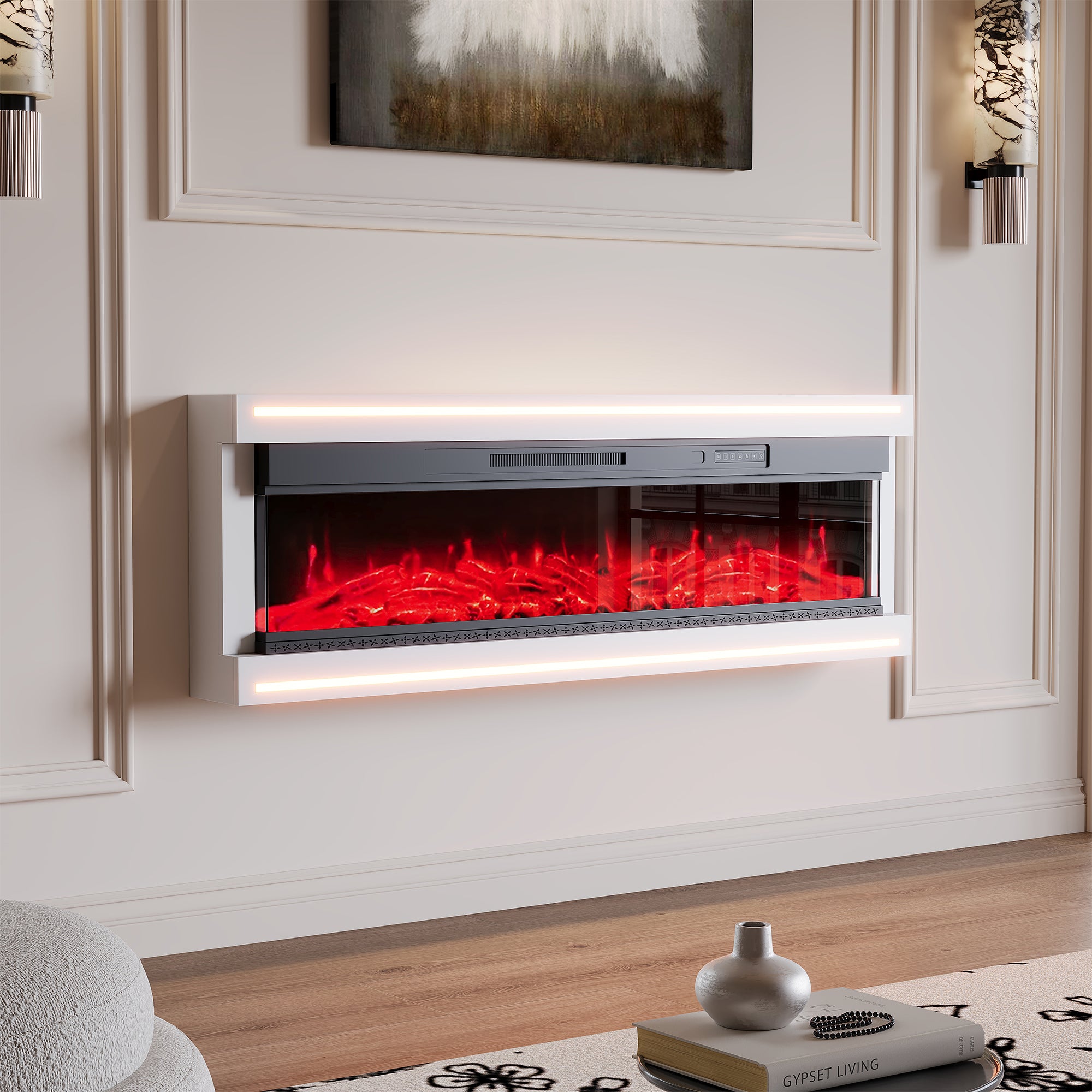 Cheminée électrique 136 cm - Flamme simulée par LED RGB 20 couleurs - 750/1500 W - 5 niveaux d'intensité de la flamme - télécommande - 2