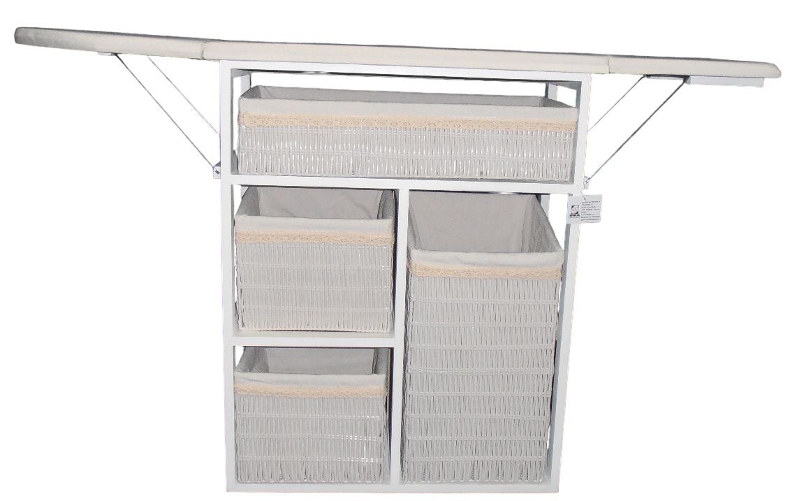 Biała szafka do prasowania z 4 szufladami i kółkami