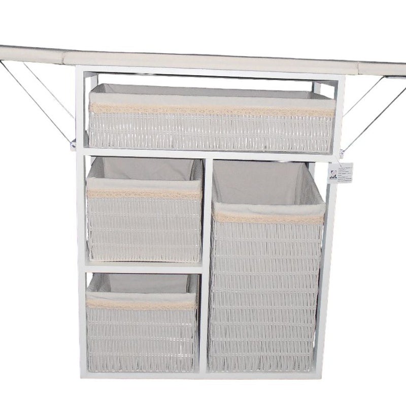 Biała szafka do prasowania z 4 szufladami i kółkami