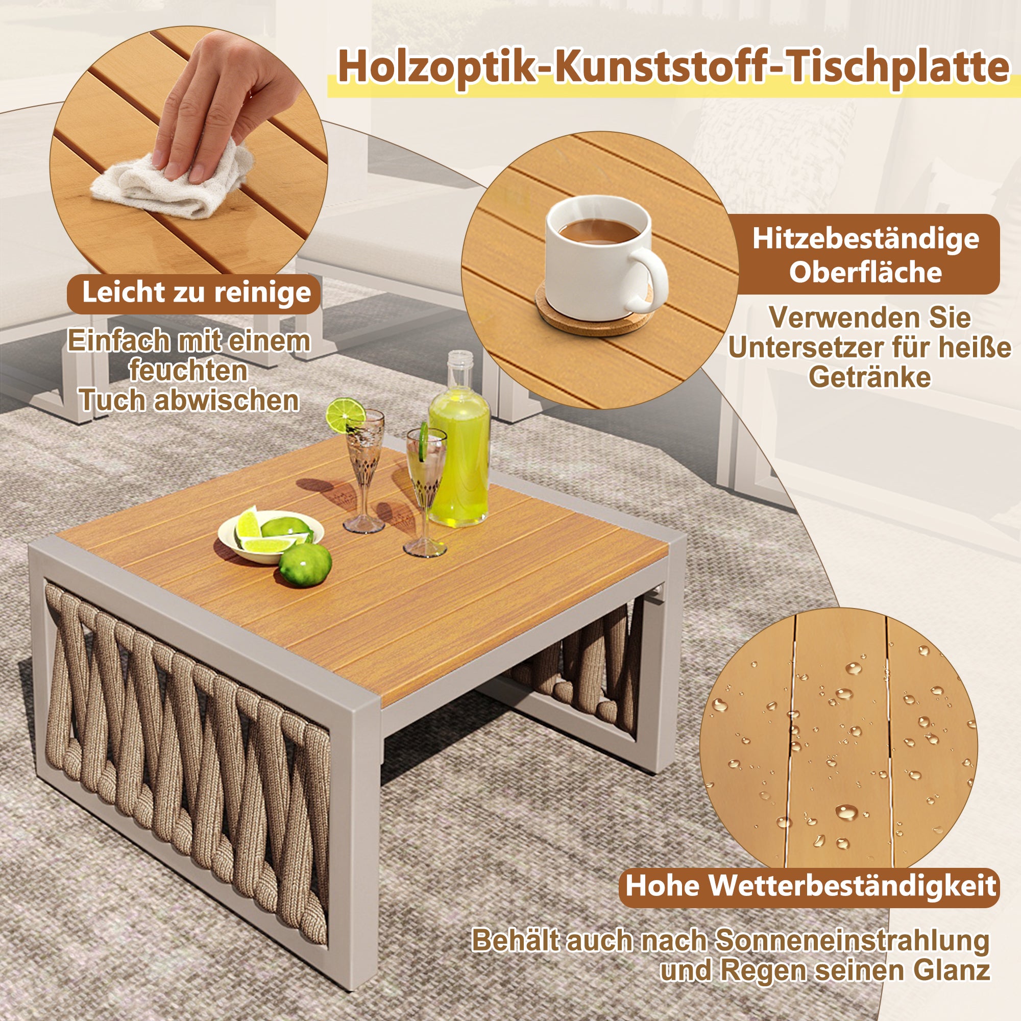 Conjunto de muebles de jardín exterior, silla de jardín para 6 plazas, cama doble de exterior, respaldo regulable, tumbona de piscina - Beige - 9