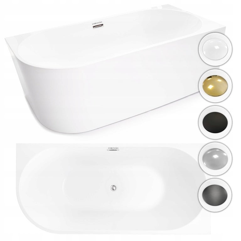 Wanna wolnostojąca przyścienna NAROŻNA CRETE PRAWA SKOS 160 x 75 x 58 cm biała system przelewowy centralny RÓŻNE KORKI