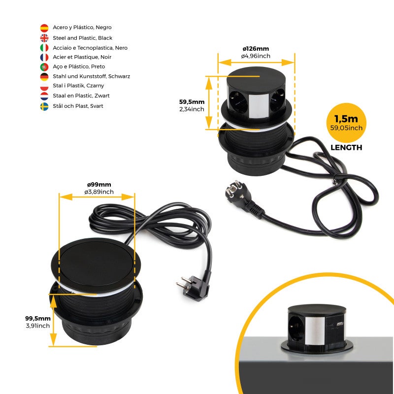 Emuca Multiconector Vertikal Push diâmetro 100mm, 3 fichas tipo Schuko, 1 USB tipo A, 1 USB tipo C, Aço e Plástico, Pintado preto - 6