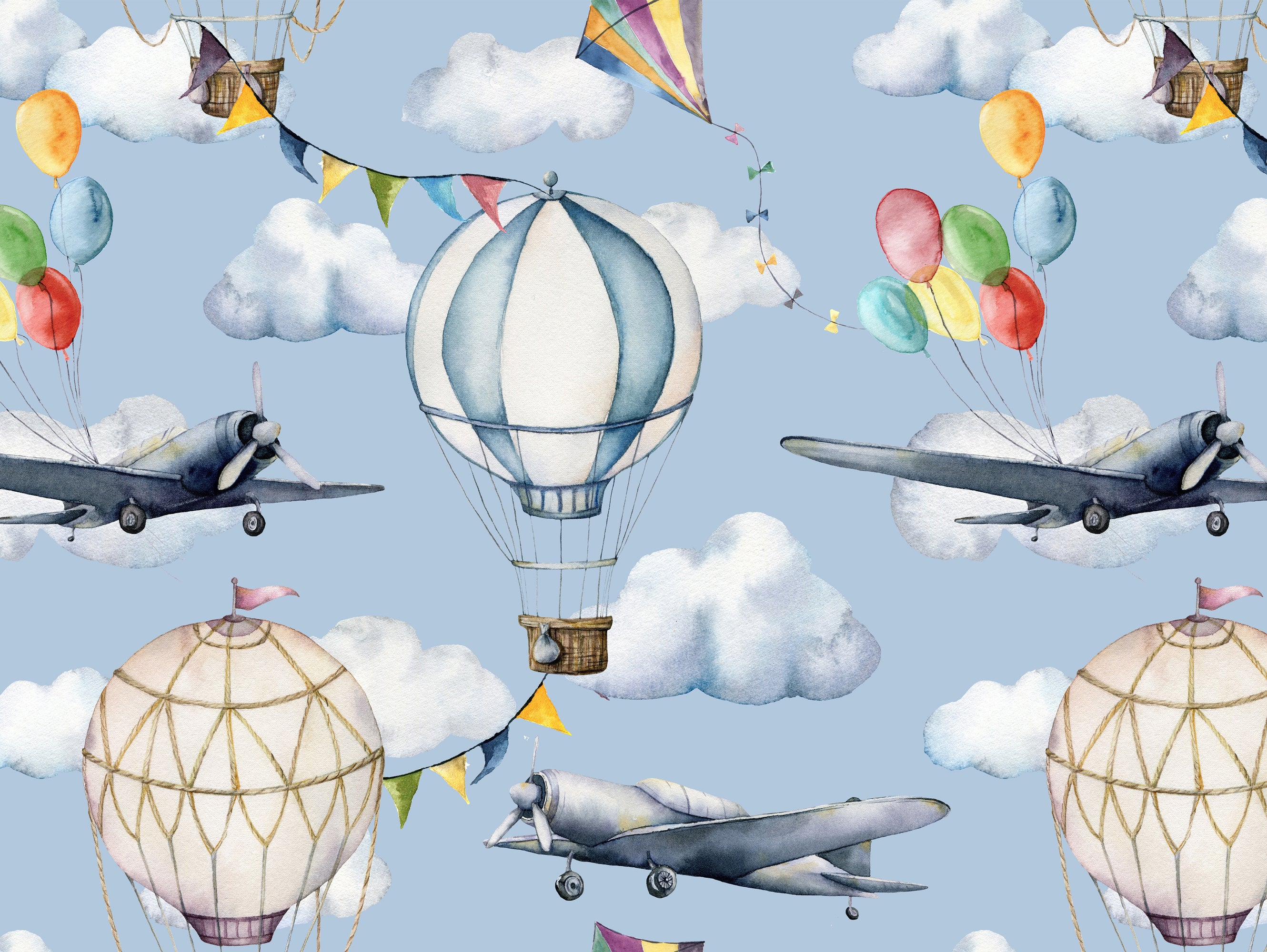 Dywan winylowy dla dzieci Balony i samoloty 100x133 cm - Antypoślizgowy PVC, winyl do pokoju dziecięcego, trudnopalny i zmywalny.