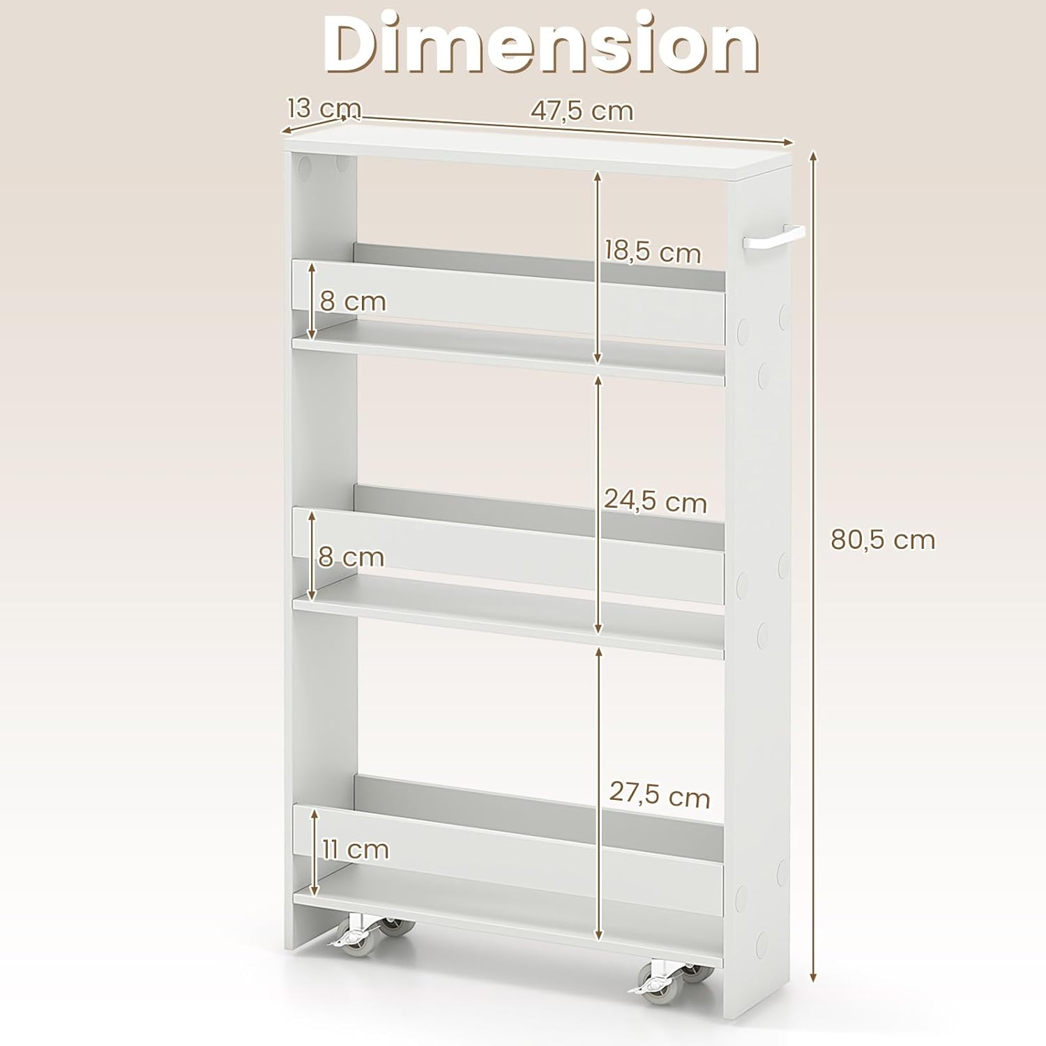 Chariot de Rangement Largeur 13 cm à roulettes, Desserte de Cuisine à 4 Niveaux, Poignée Latérale et Roues Universelles avec Freins (Blanc+ Blanc) - 2