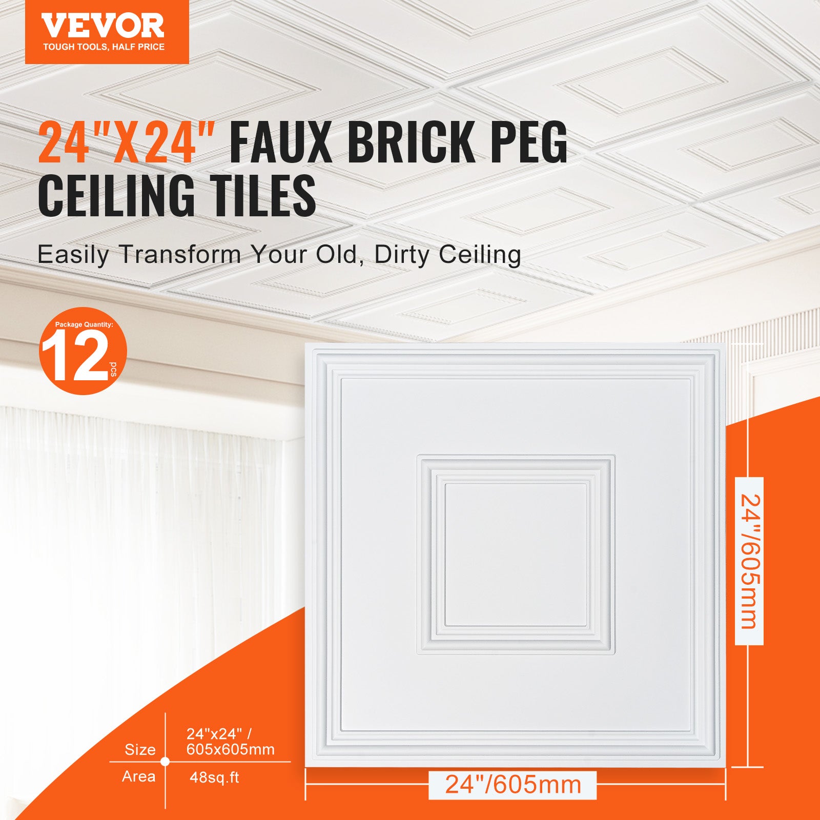 Dalles de Plafond PVC VEVOR Lot de 12, Plaques Décoratives 605 x 605 mm à Coller, Revêtement Blanc Motif 3D - 2