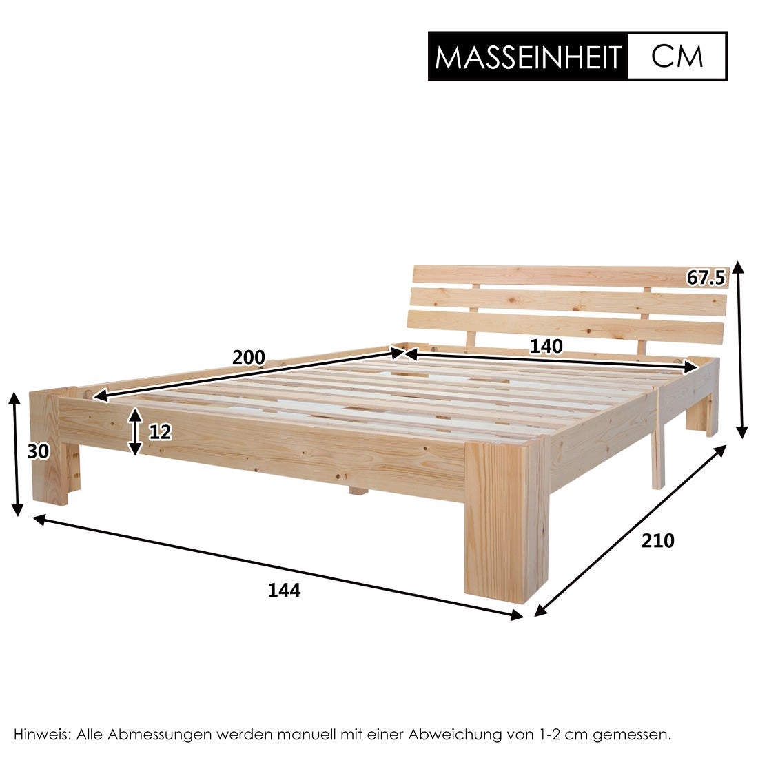 Lit adulte Lit en bois Lit double avec tête de lit en cadre de lit avec sommier à lattes-200 x 140 cm Bois massif Naturel - 3