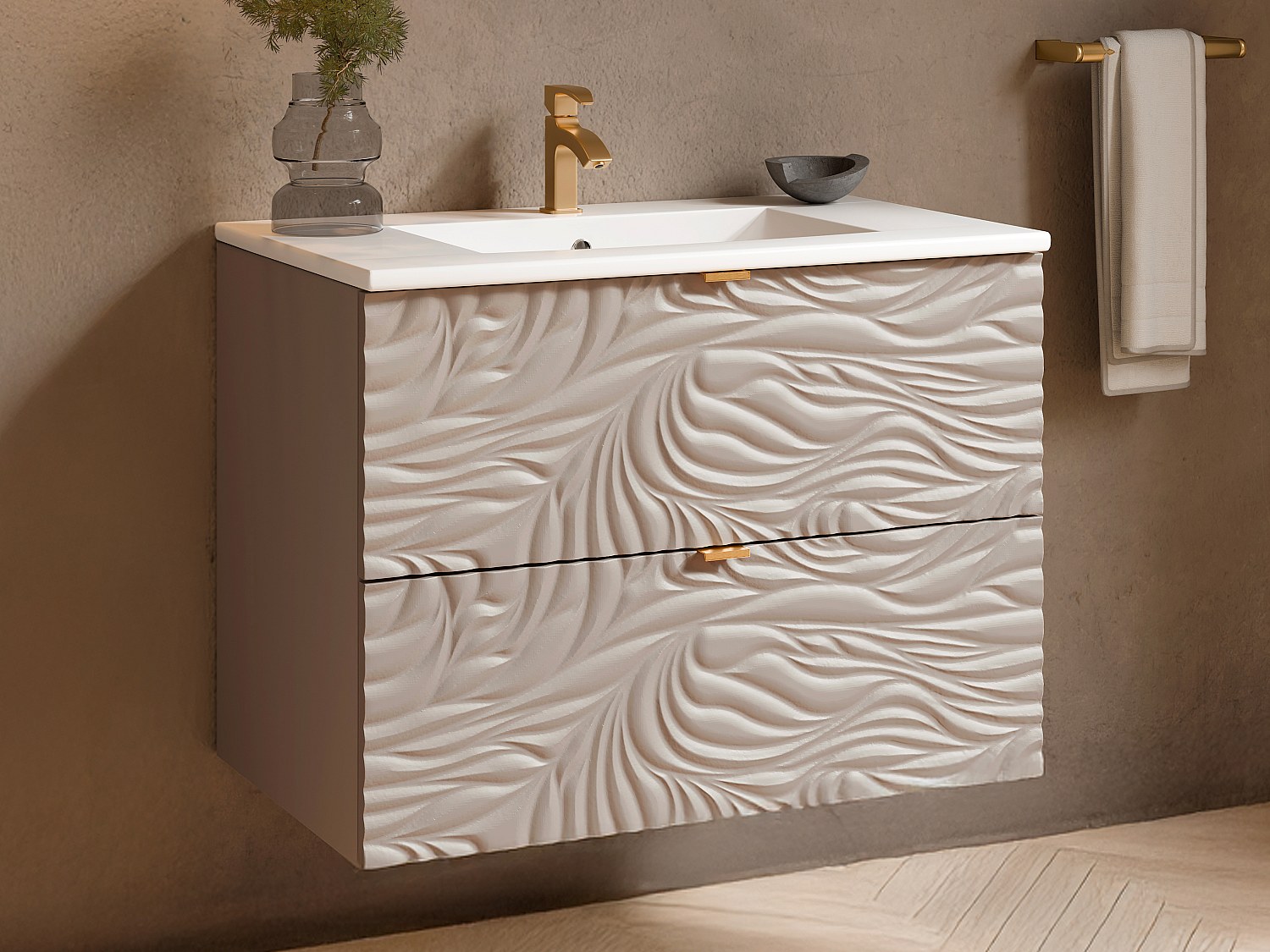 Szafka łazienkowa wisząca teksturowana z umywalką do zabudowy - Beżowa - 80 cm - RINAREL