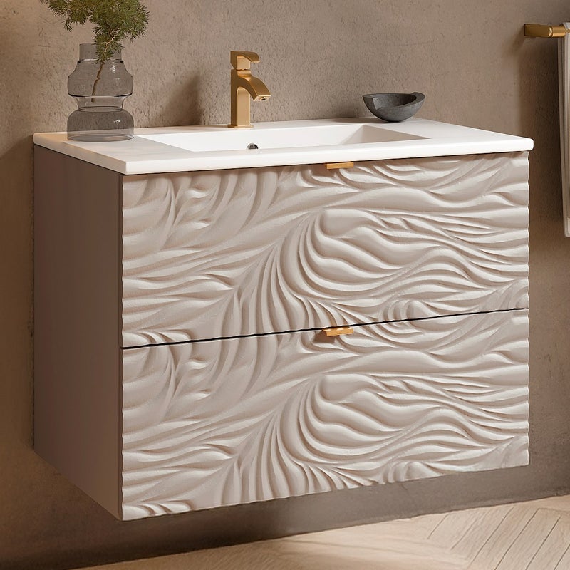 Szafka łazienkowa wisząca teksturowana z umywalką do zabudowy - Beżowa - 80 cm - RINAREL