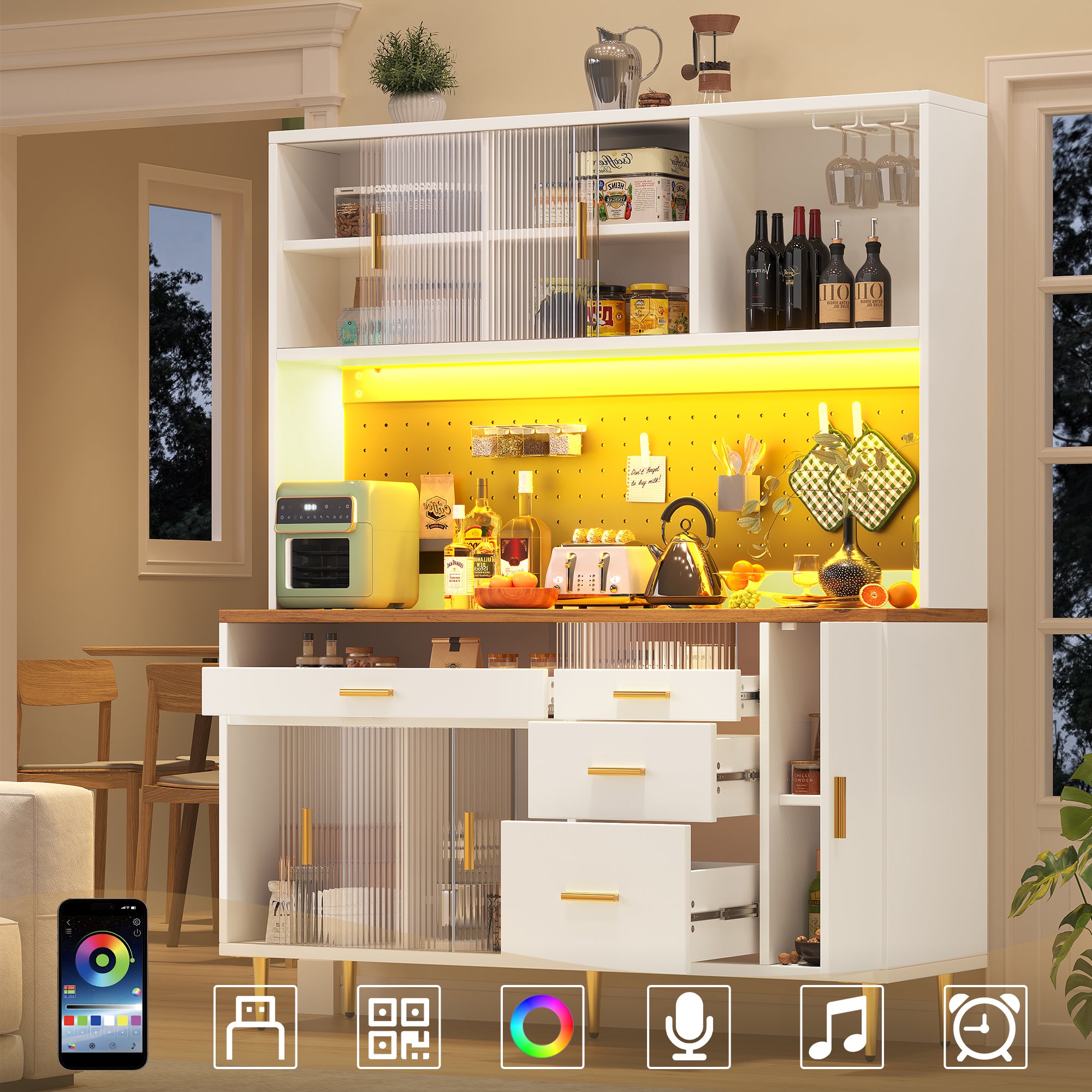Kredens kuchenny z 5 drzwiami, 4 szufladami i 1 przegrodą - 145 x 24 x 171 cm - MDF i szkło - diody LED - biały