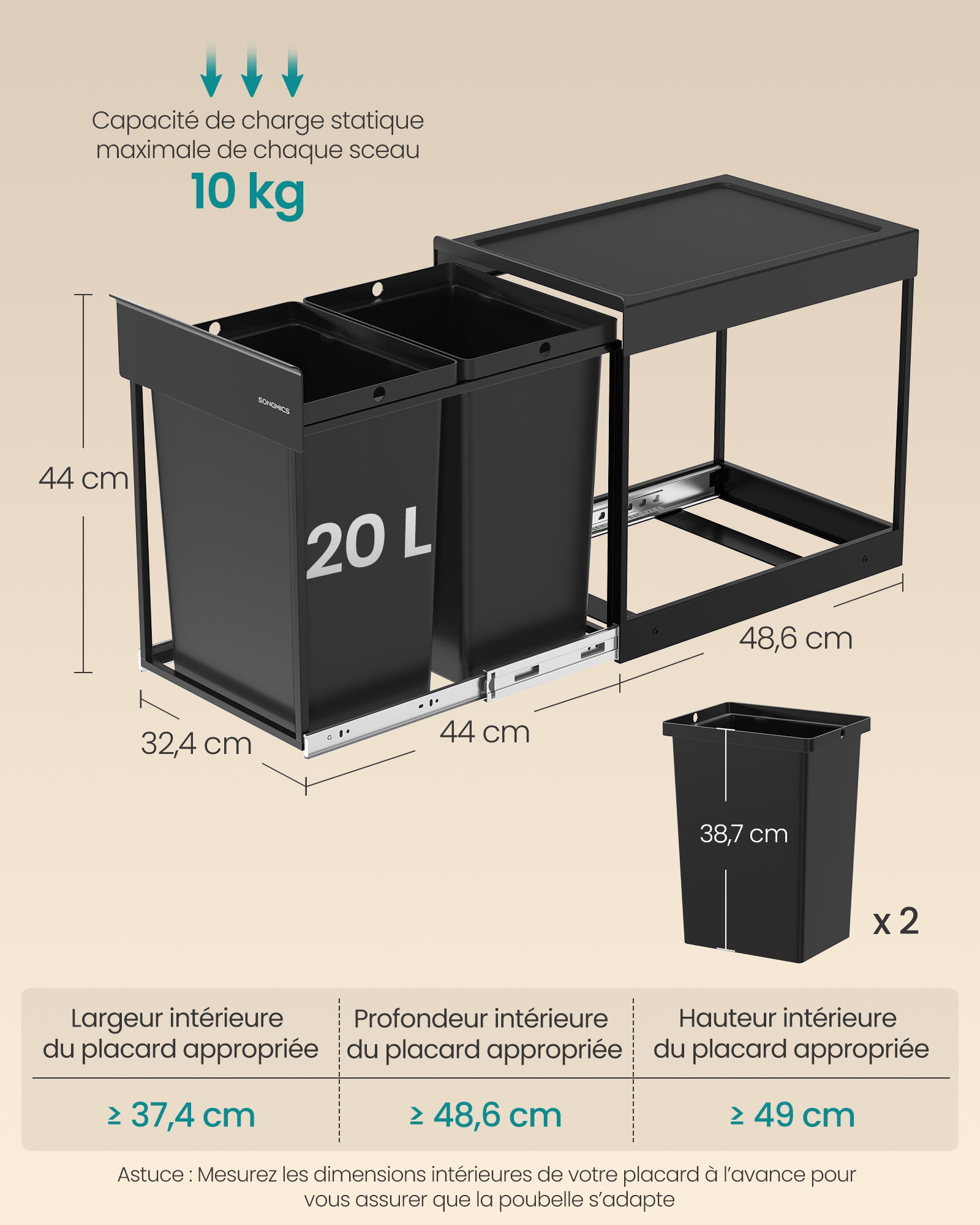 Poubelle de Tri Sélectif, Poubelle de Cuisine Extractible Coulissante, 2 Seaux de 20 L, Coulissement en Douceur, Noir d'Encre - 5