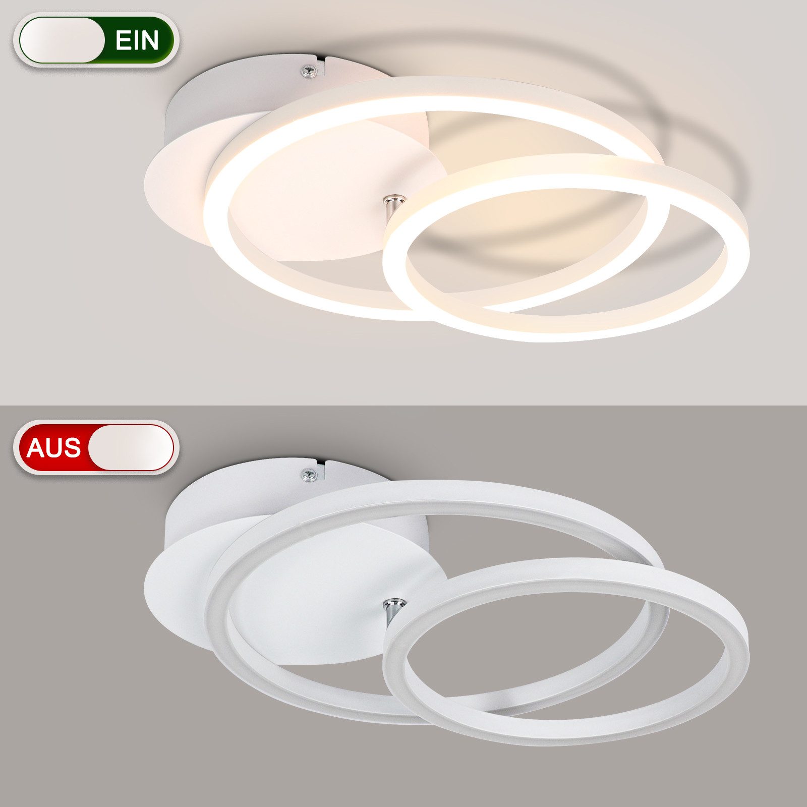 NETTLIFE Plafón LED 2 Anillos Blanco Giratorio Diseño Redondo Moderno 24W 3000K - 5