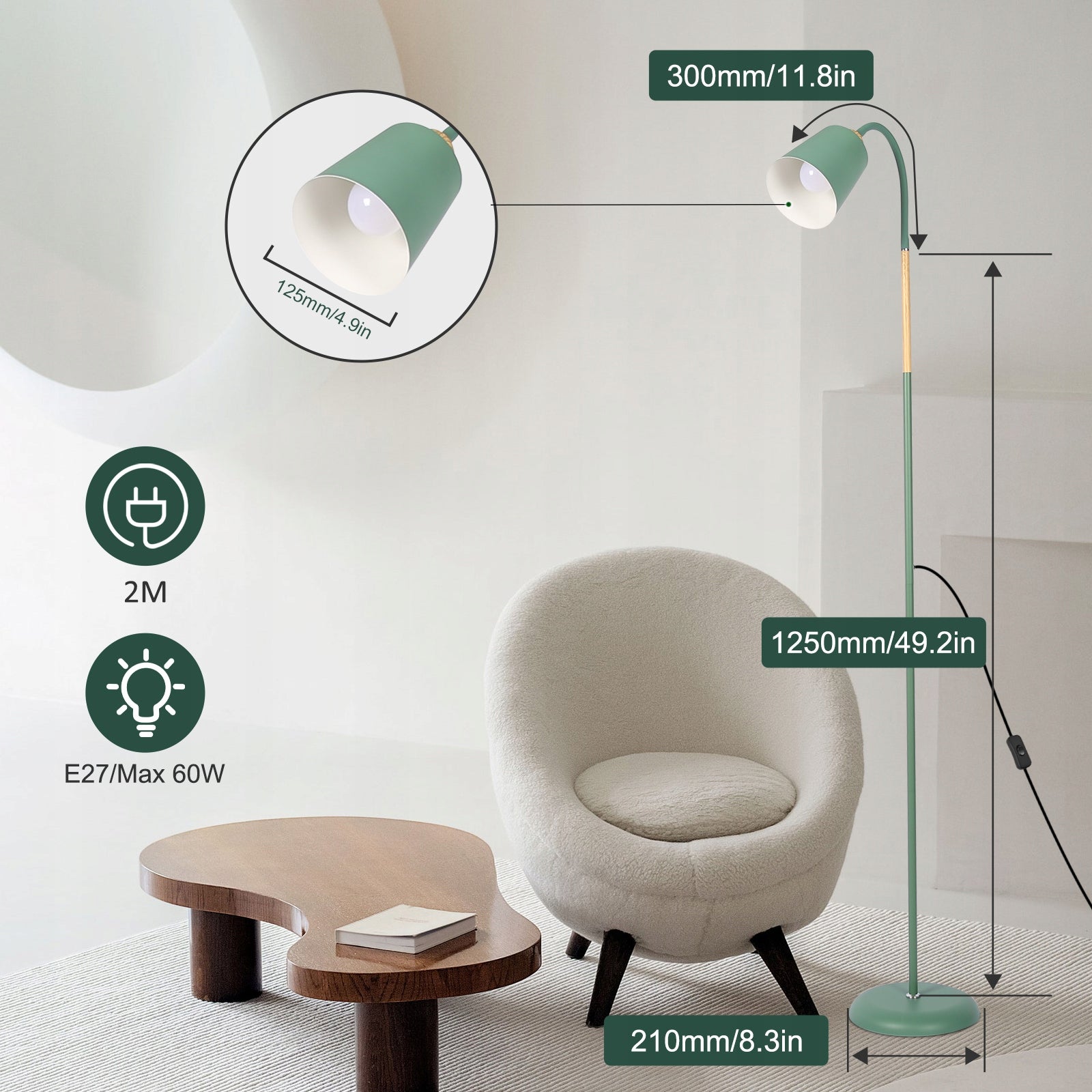 Lampadaire LED Anten, vert Abat-jour trapézoïdal Classique moderne Orientable sur 360°, hauteur 159 cm (ampoule non incluse) - 8