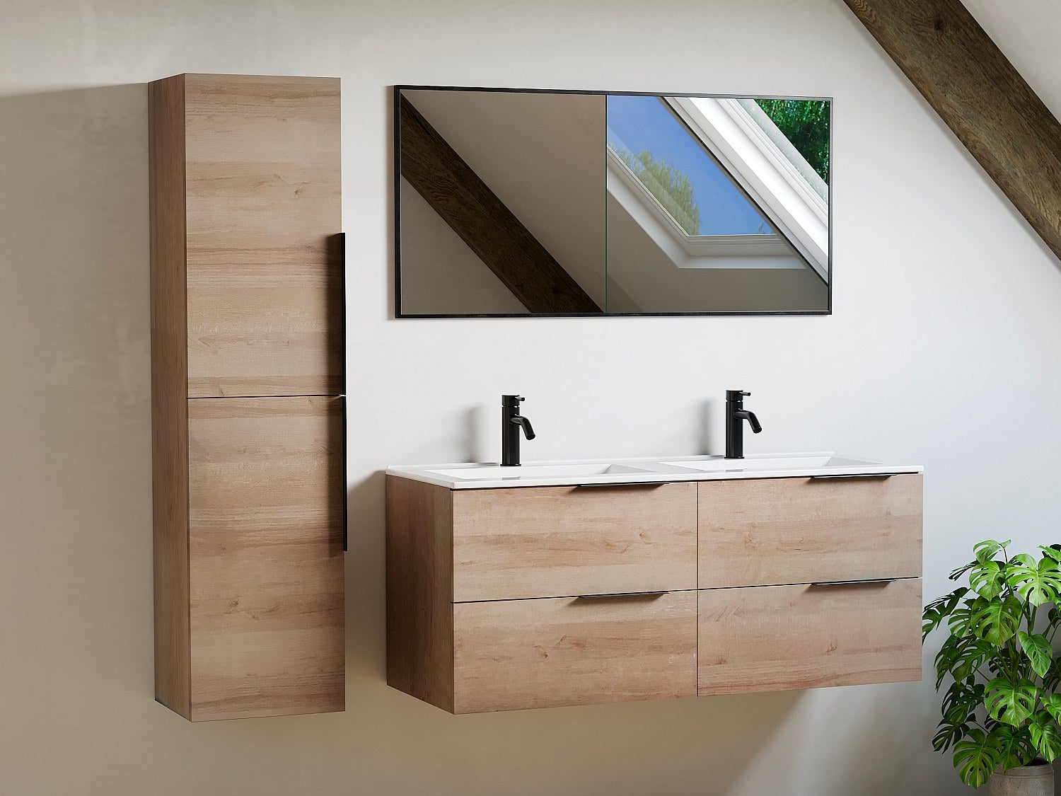 Szafka łazienkowa wisząca z umywalką do zabudowy i kolumną - Jasny naturalny - 120 cm - NISAYA