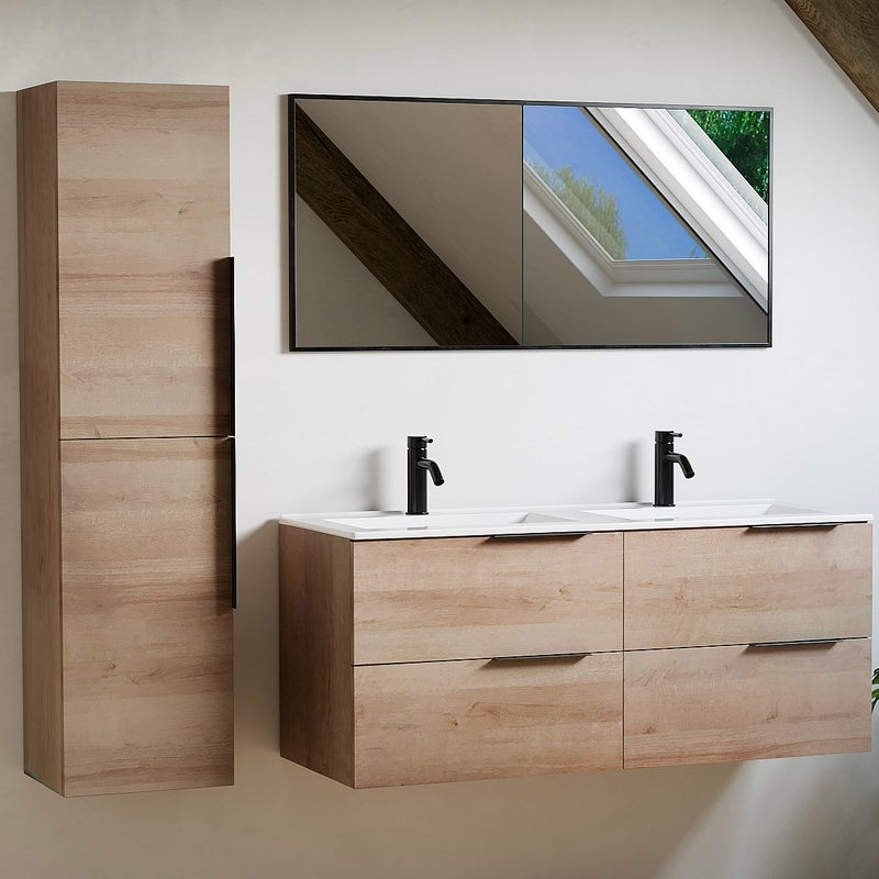 Szafka łazienkowa wisząca z umywalką do zabudowy i kolumną - Jasny naturalny - 120 cm - NISAYA