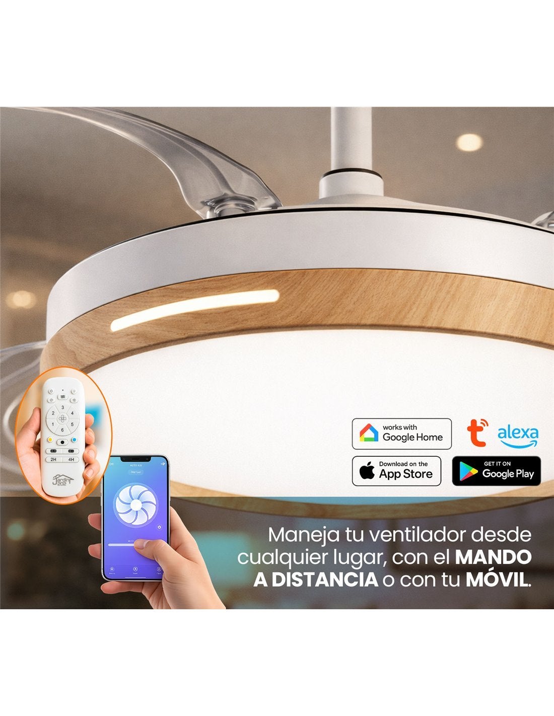 JARDIN202 - Ventilador de Techo con 4 Aspas Retráctiles, Motor DC, Wifi, Tuya App, Luz LED Regulable, 6 Velocidades | 50 cm (Vejer Wifi) - 2
