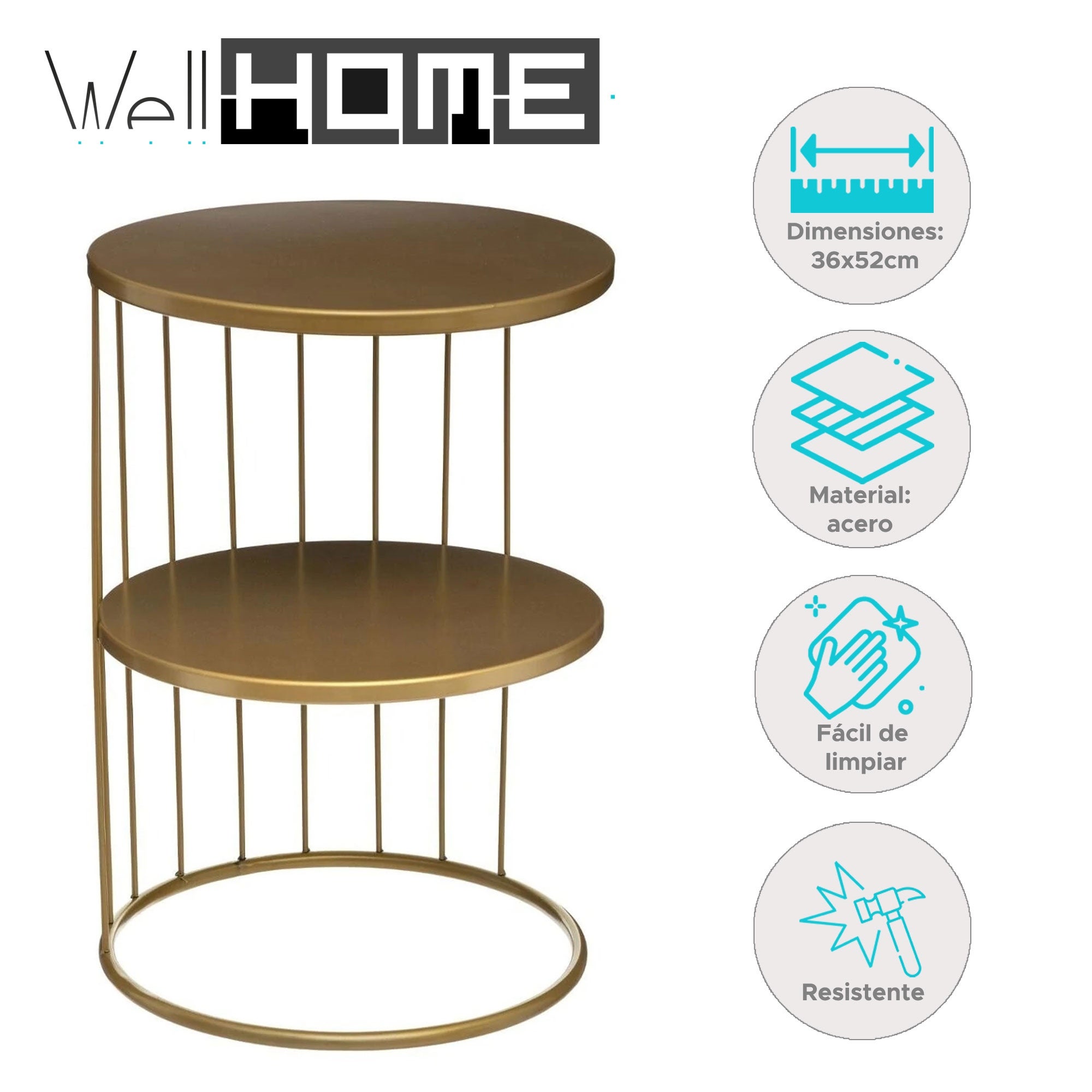 WELLHOME Tavolino decorativo oro a 3 livelli Ø36x52 cm - 2