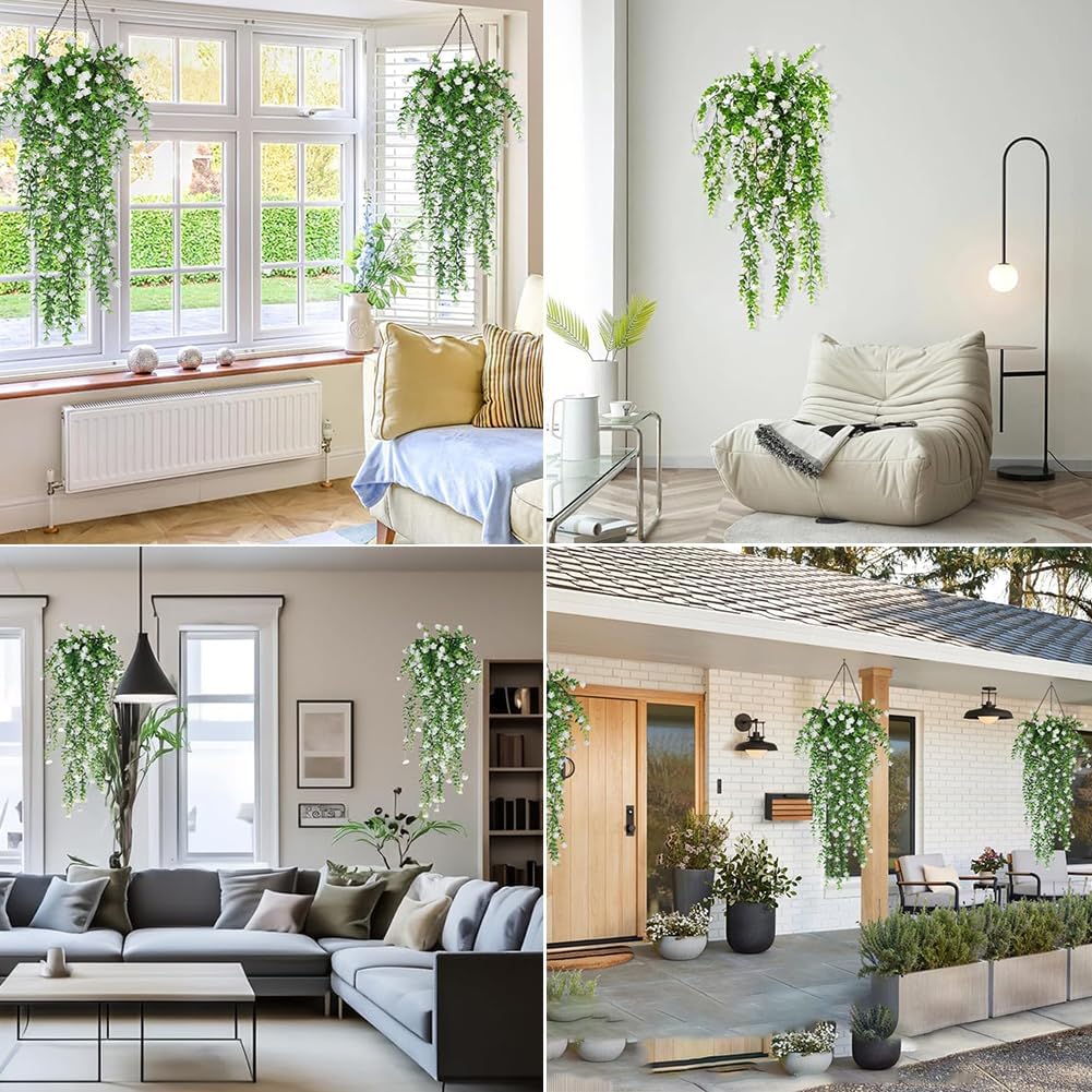 Plantes suspendues artificielles 2 pièces, fleurs artificielles blanches, décoration de lierre artificiel, murs intérieurs et extérieurs - 4