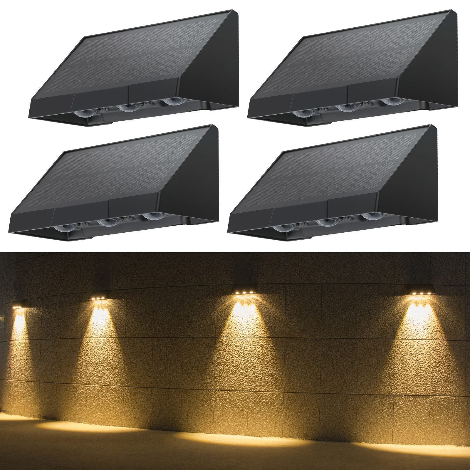 NETTLIFE Zestaw 4 Lamp Solarnych Zewnętrznych LED, 2 Tryby, 3000K Ciepła Biel, Wodoodporne IP65, Kinkiet do Ogrodu, na Ogrodzenie, Balkon, Ścianę