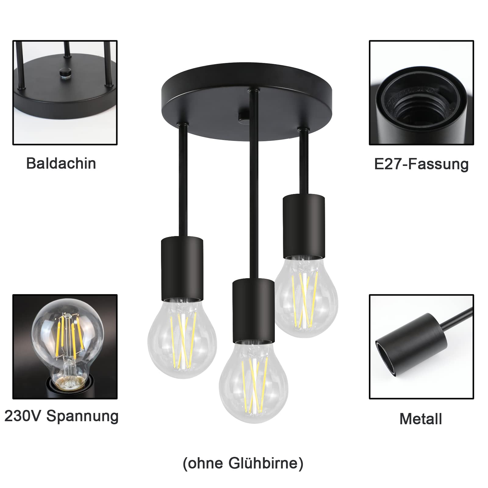 Plafonnier Vintage Noir 3 Flammes - Lustre Industriel Suspendu avec 3 Spots E27 pour Salle à Manger,Cuisine ou Couloir - 6