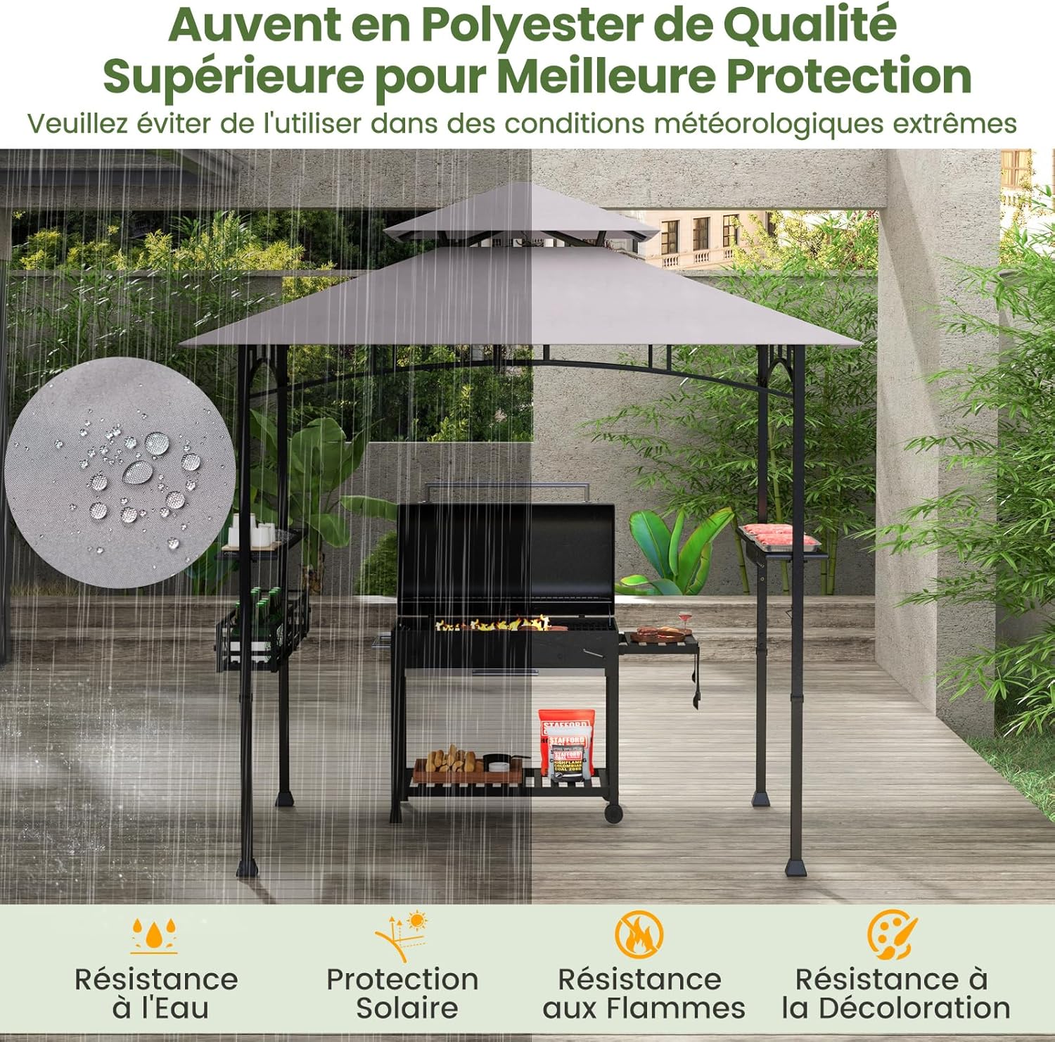 Tonnelle de Barbecue 242 x 153 cm avec 2 Etagères Latérales, Abri Barbecue Cadre en Métal avec Panier de Rangement pour Jardin Cour - 4