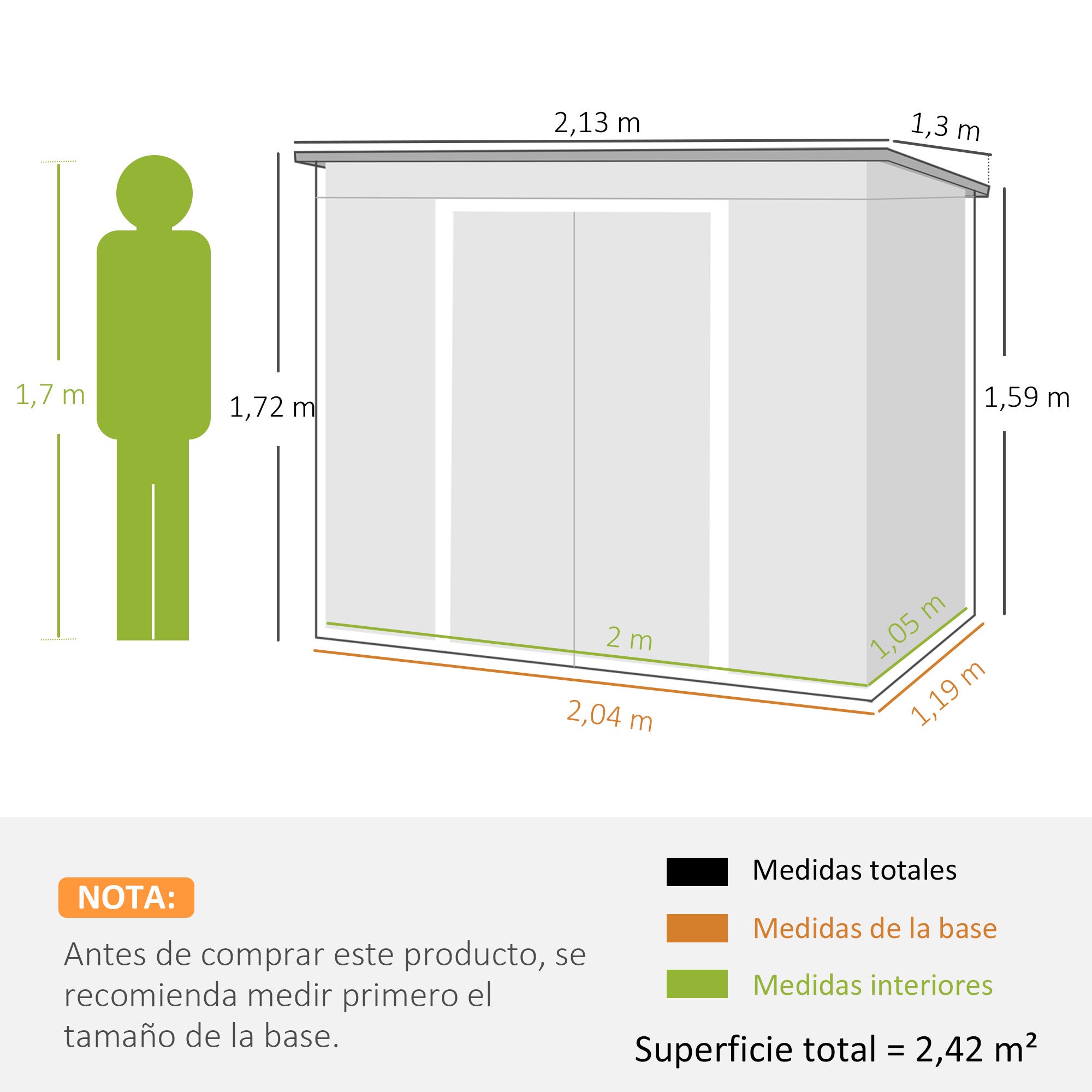 Cobertizo de jardín base de 2,1 m² Outsunny 213x130x173 cm verde - 3
