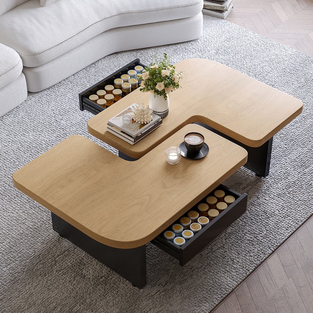 Table Basse Moderne En Bois Écologique Avec LED - 2 Tiroirs, Pieds Réglables, Design 2 En 1, 90x60 Cm