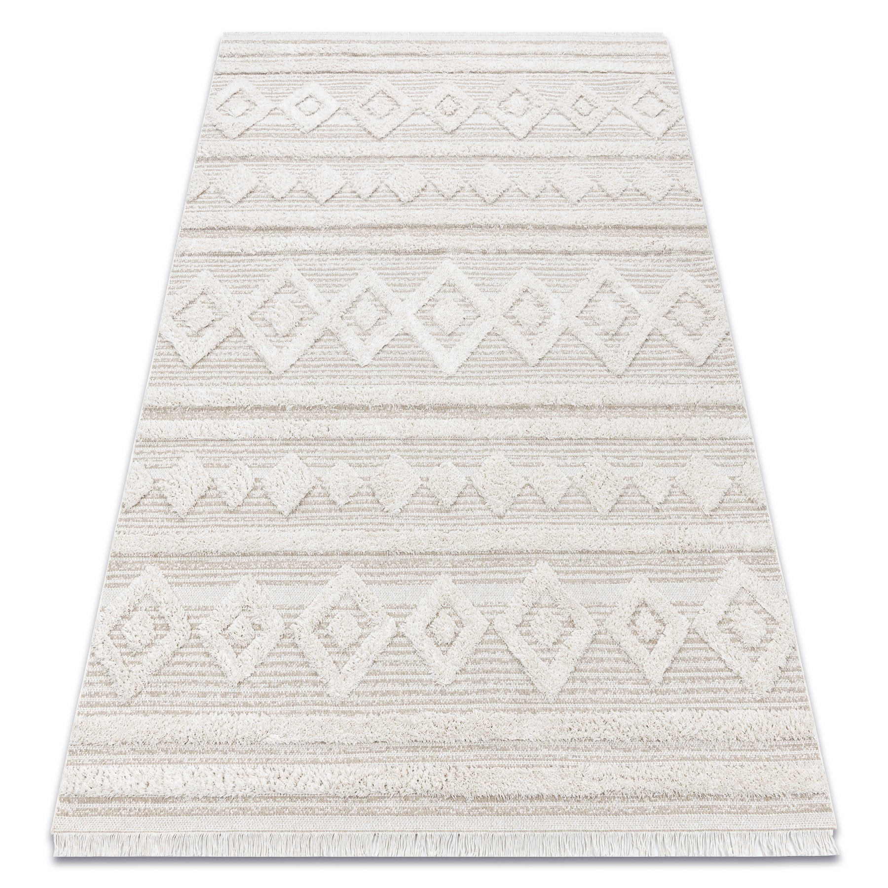 Alfombra eco sisal moroc 22322 rombos, líneas, boho franjas - estructural beige / crema 136x190 cm