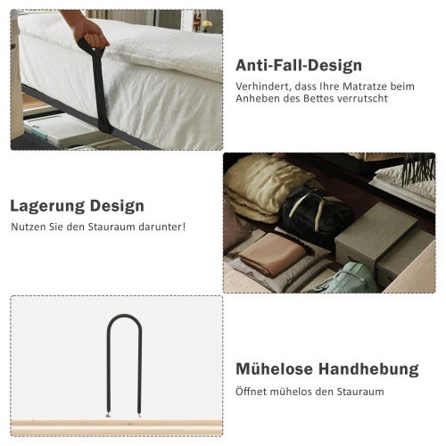 Lit double 180×200 avec rangement, lampe de lecture 360°, ports USB & Type-C, cadre en lin et bois massif, beige (sans matelas) - 6