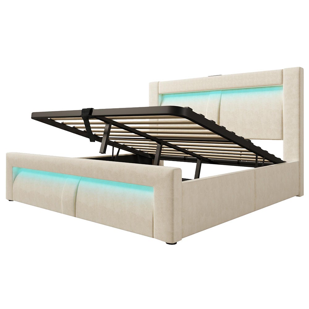 Cama hidráulica con iluminación LED controlada por aplicación, puertos de carga USB y Type-C, terciopelo, beige - 160 x 200 cm. - 7