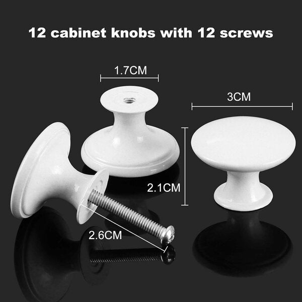 Pachet de 12 mânere rotunde albe de 30 mm pentru sertare, dulapuri, dulapuri de bucătărie și uși 12buc