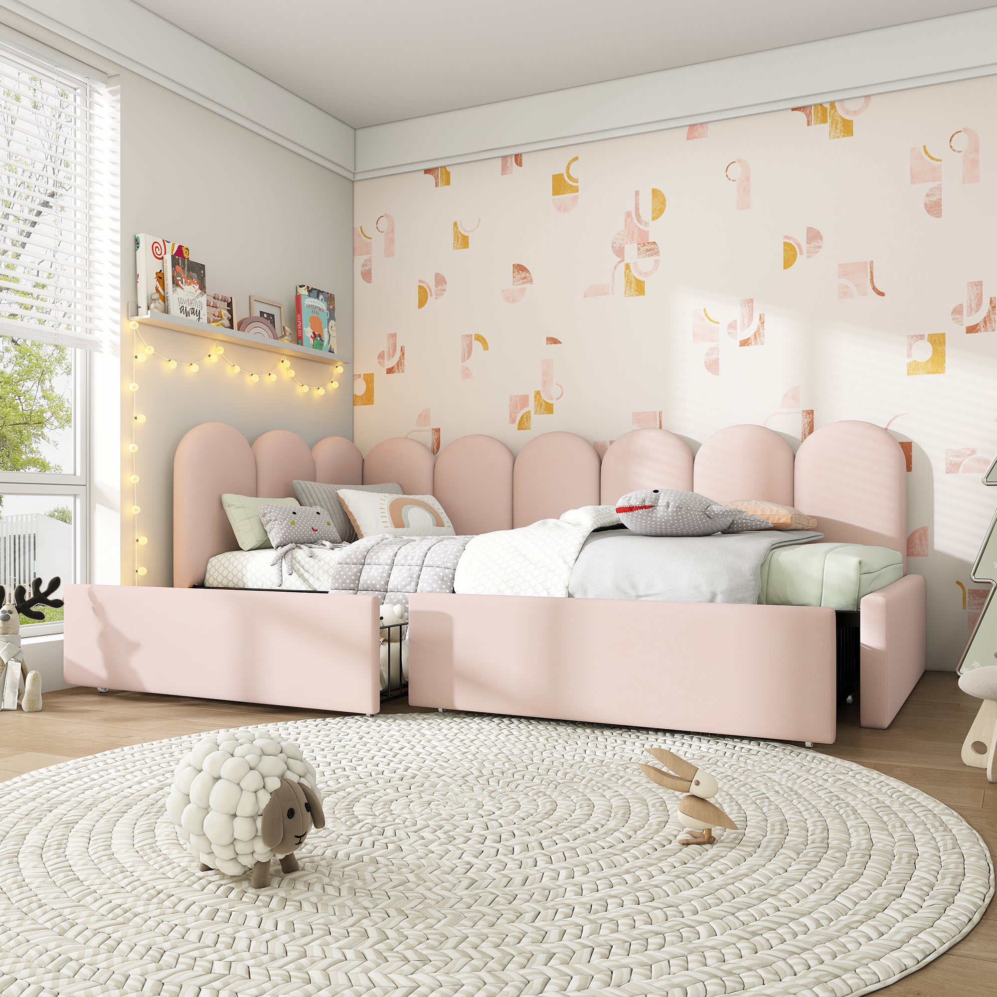 Canapé Lit Enfant 90x190 Avec Lit Gigogne - Cadre Fer, Garde-Corps, Rembourré - Sans Matelas (Rose/Velours)