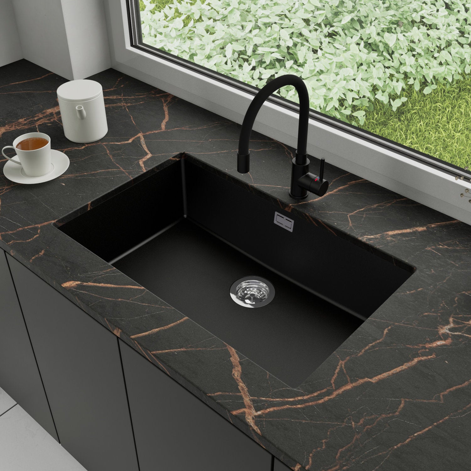Zlewozmywak podblatowy 76x47cm, do szafki od 80cm + Bateria + Syfon - Agate Czarny STONESTYLE