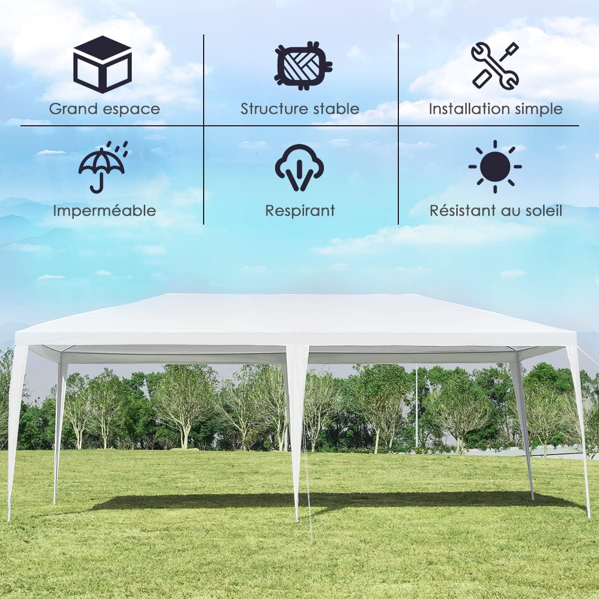 Tonnelle Pliante de Jardin Terrasse 18m², Barnum 6 x 3 M Protection Solaire, Tente de Réception Extérieure, 6 Cordes &12 Piquets, Blanc - 6