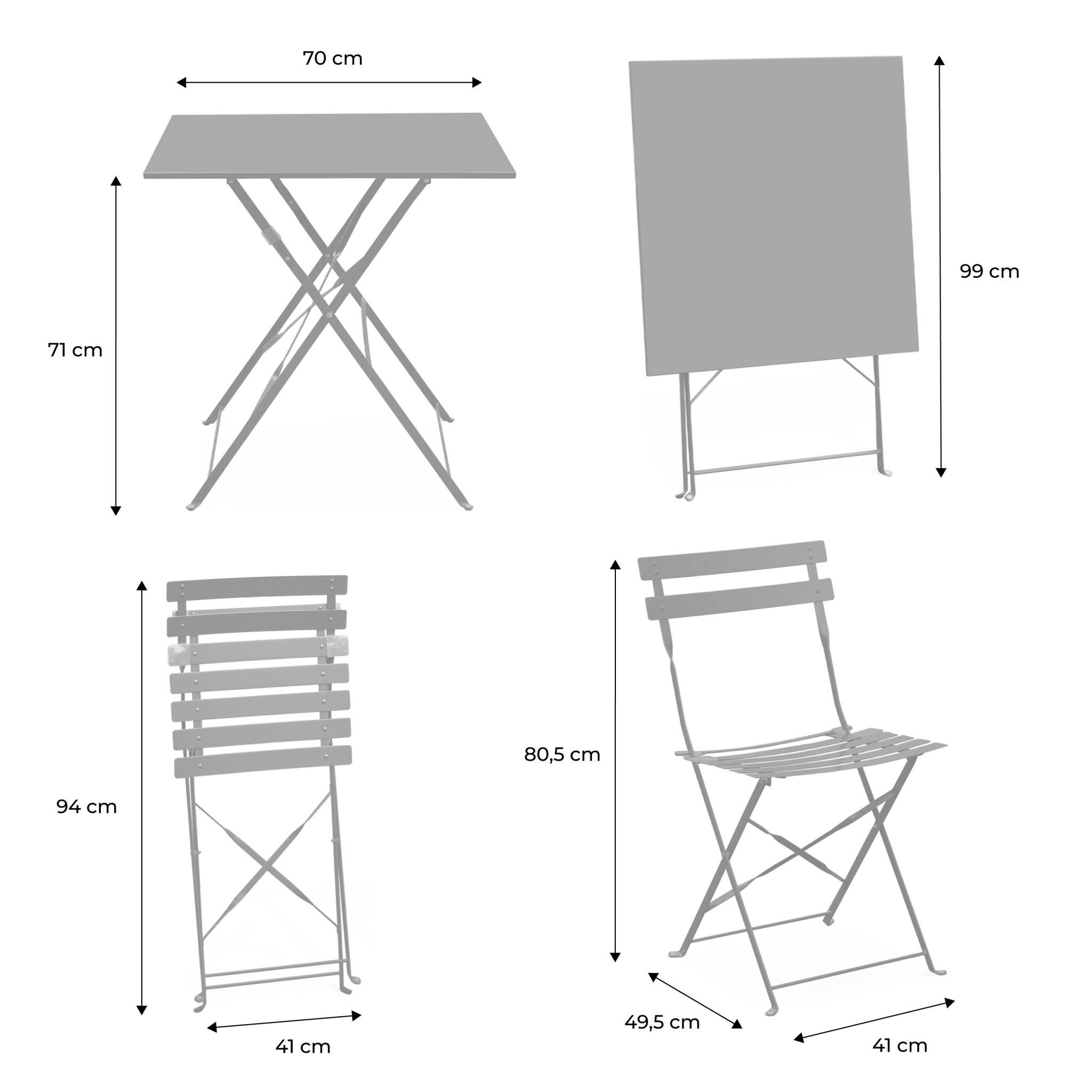 Table de jardin bistrot pliante métal + 2 assises bleu grisé 70 x 70cm. acier thermolaqué EMILIA - 4