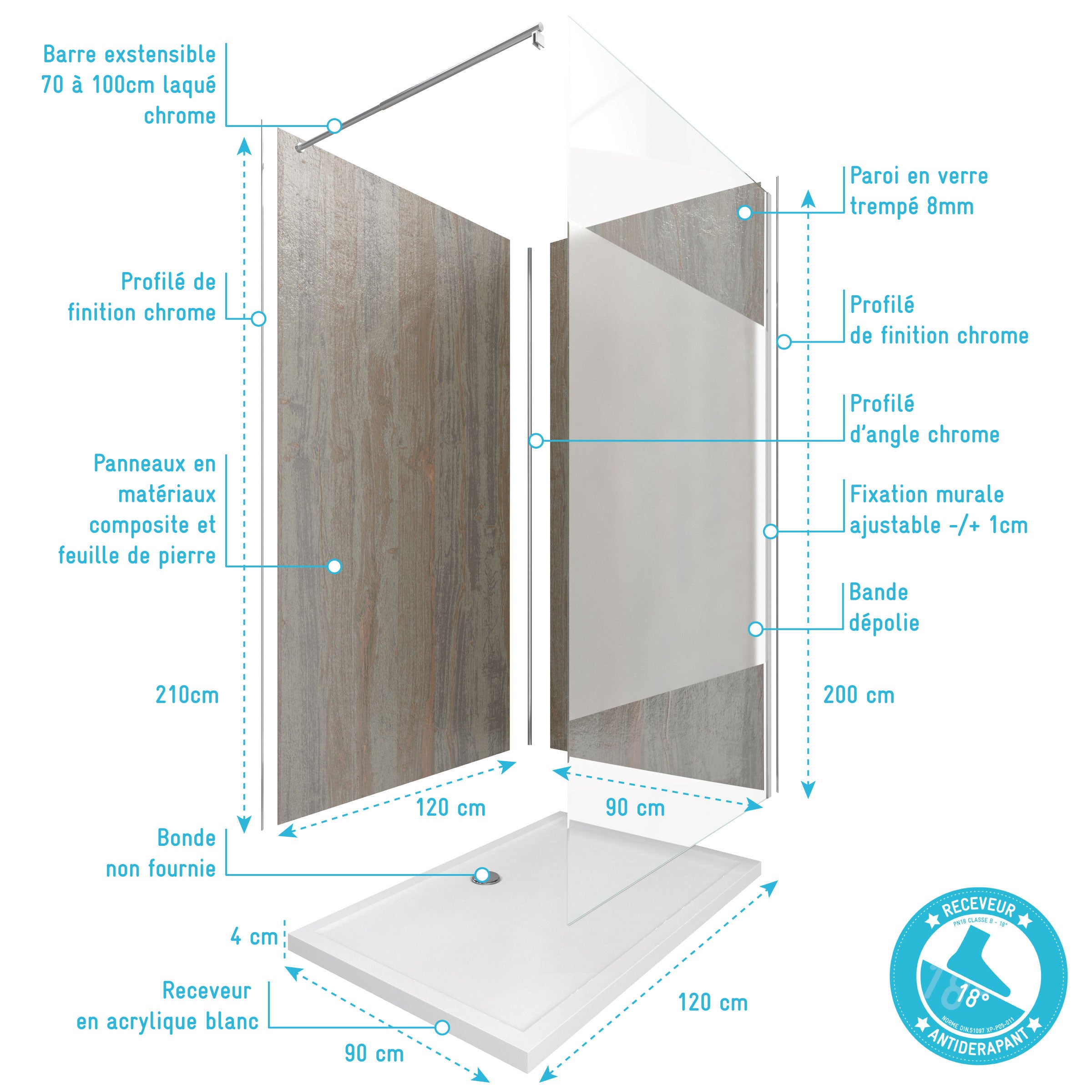 Pack panneaux muraux Wood Stone + paroi FREEDOM 2 DEPOLI + receveur WHITNESS - 4