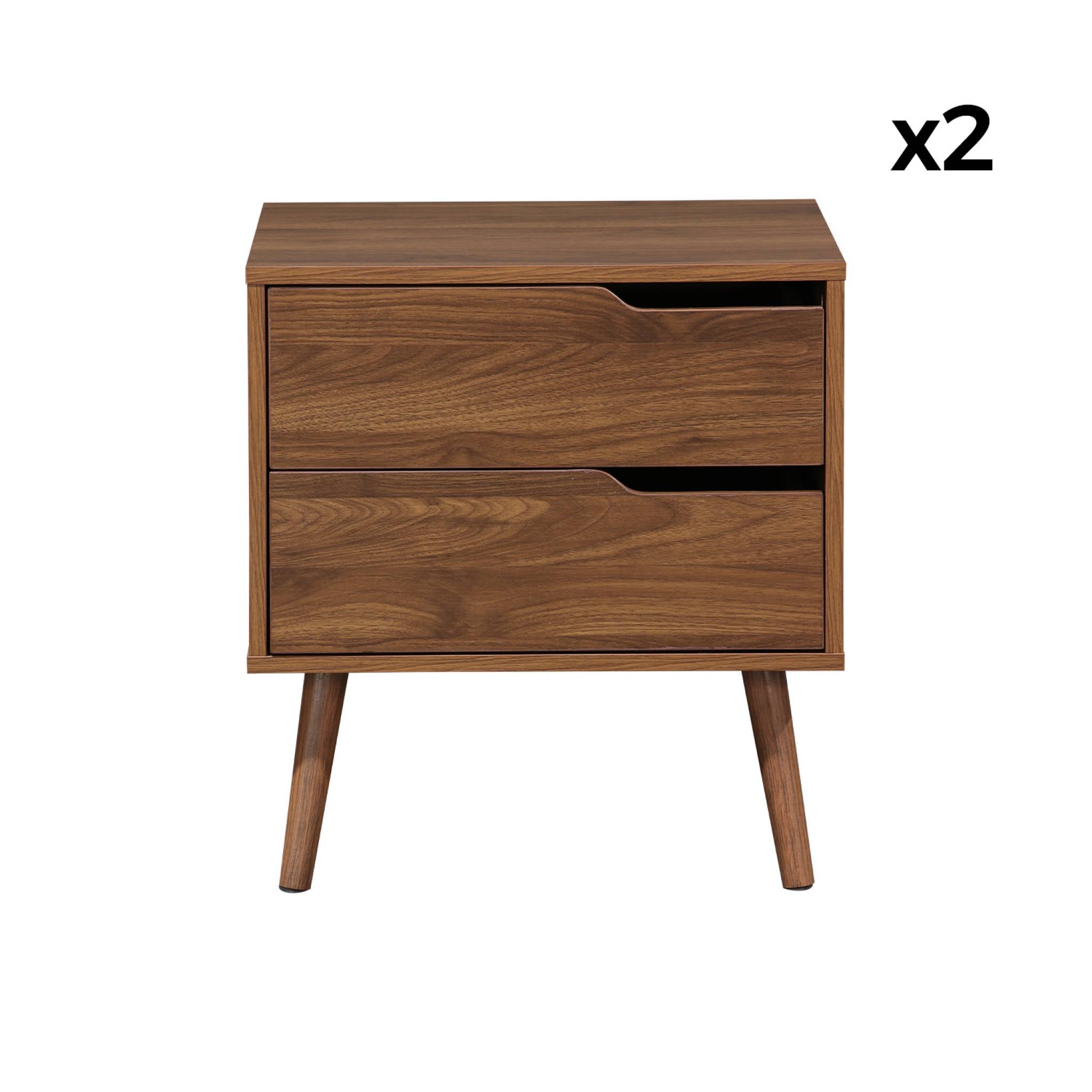 Lot de 2 tables de chevet décor bois teinté noyer. 2 tiroirs. pieds en pin massif NEPAL - 8
