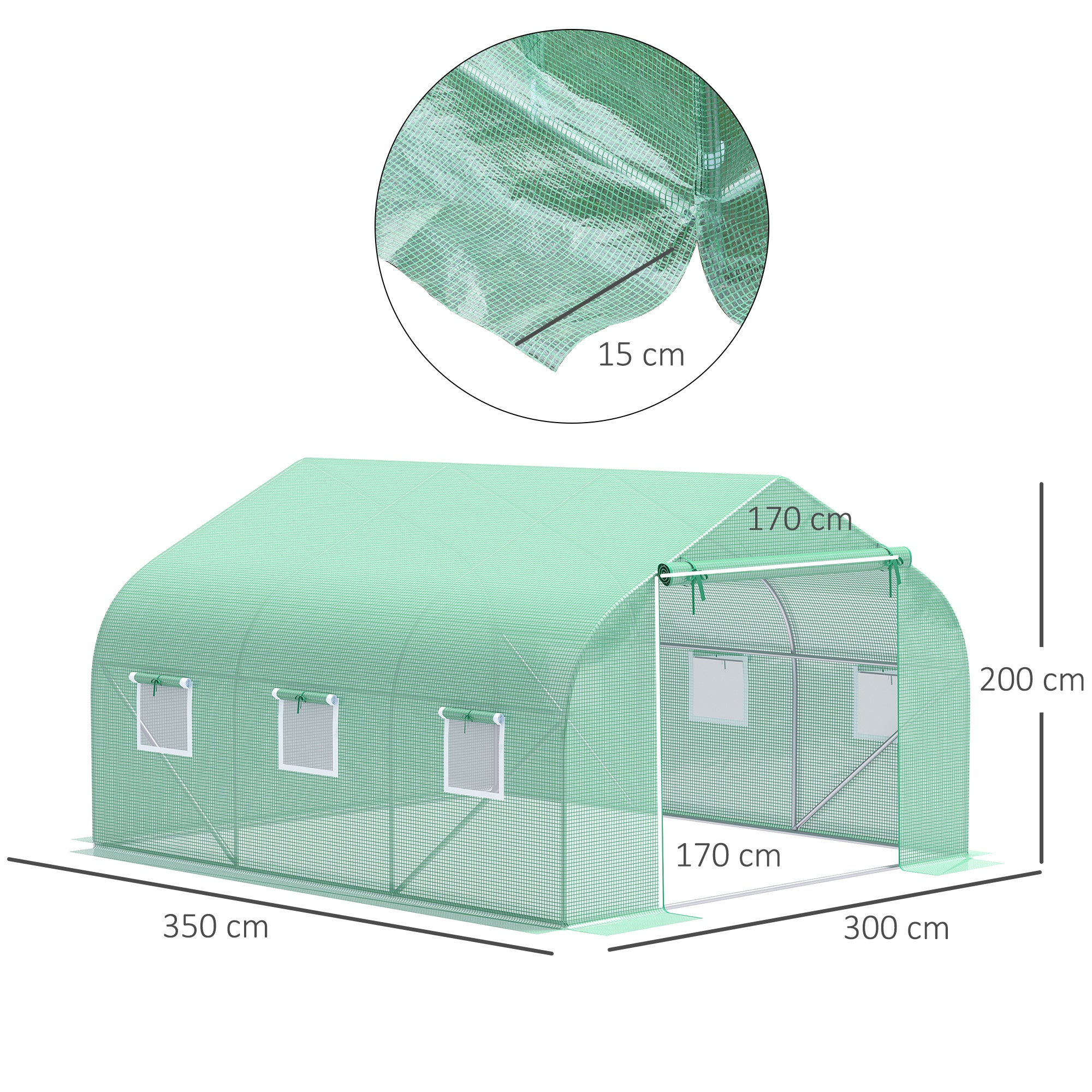 Serre Tunnel de Jardin 10,5 m² dimensions 3,5L x 3l x 2H m Porte + 6 fenêtres enroulables Acier galvanisé bâche PE Haute densité Vert - 5